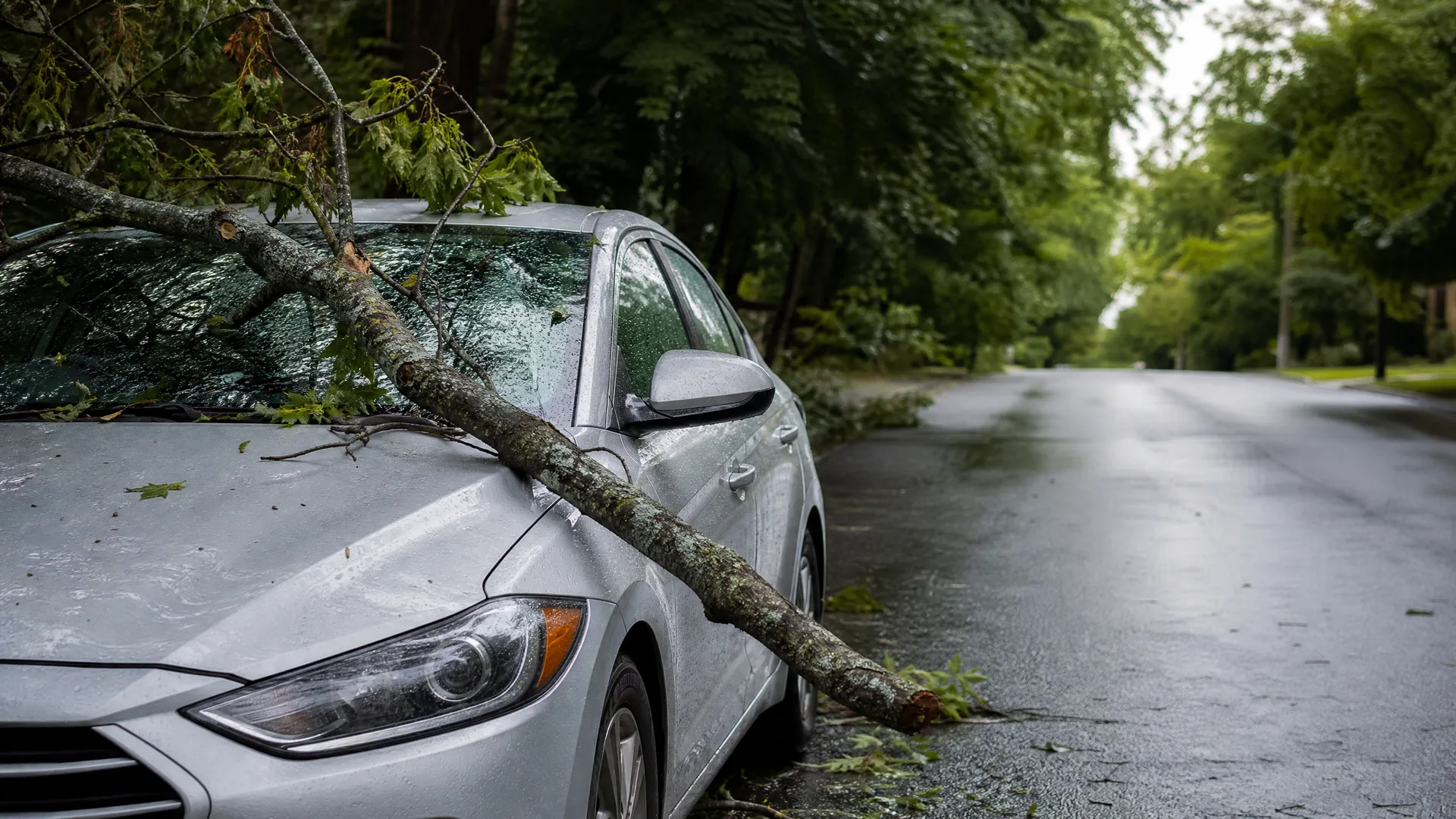 A fallen tree limb lies across the windshield and hood of a silver sedan parked at the edge of a wet tree-lined street.