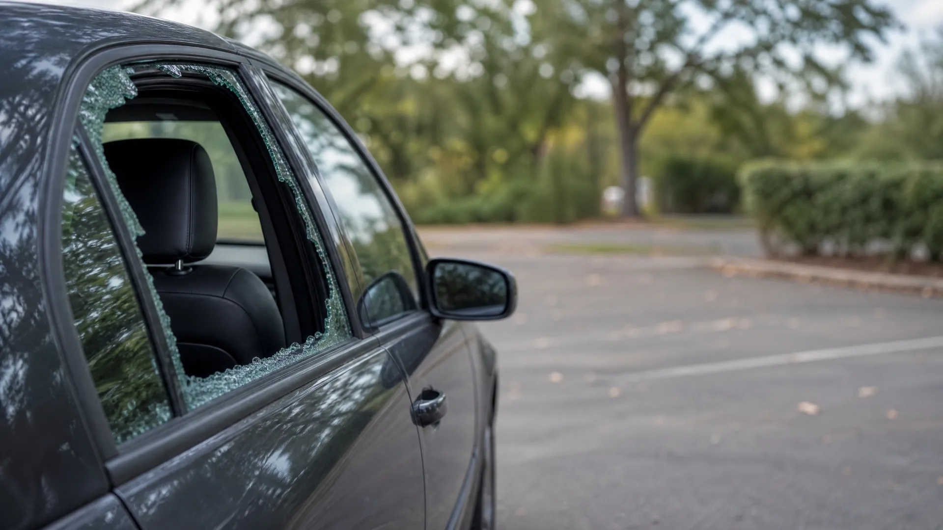 A dark sedan parked in an empty paved lot with its rear side window shattered, leaving jagged glass around the frame, with trees and a trimmed hedge in the background.
