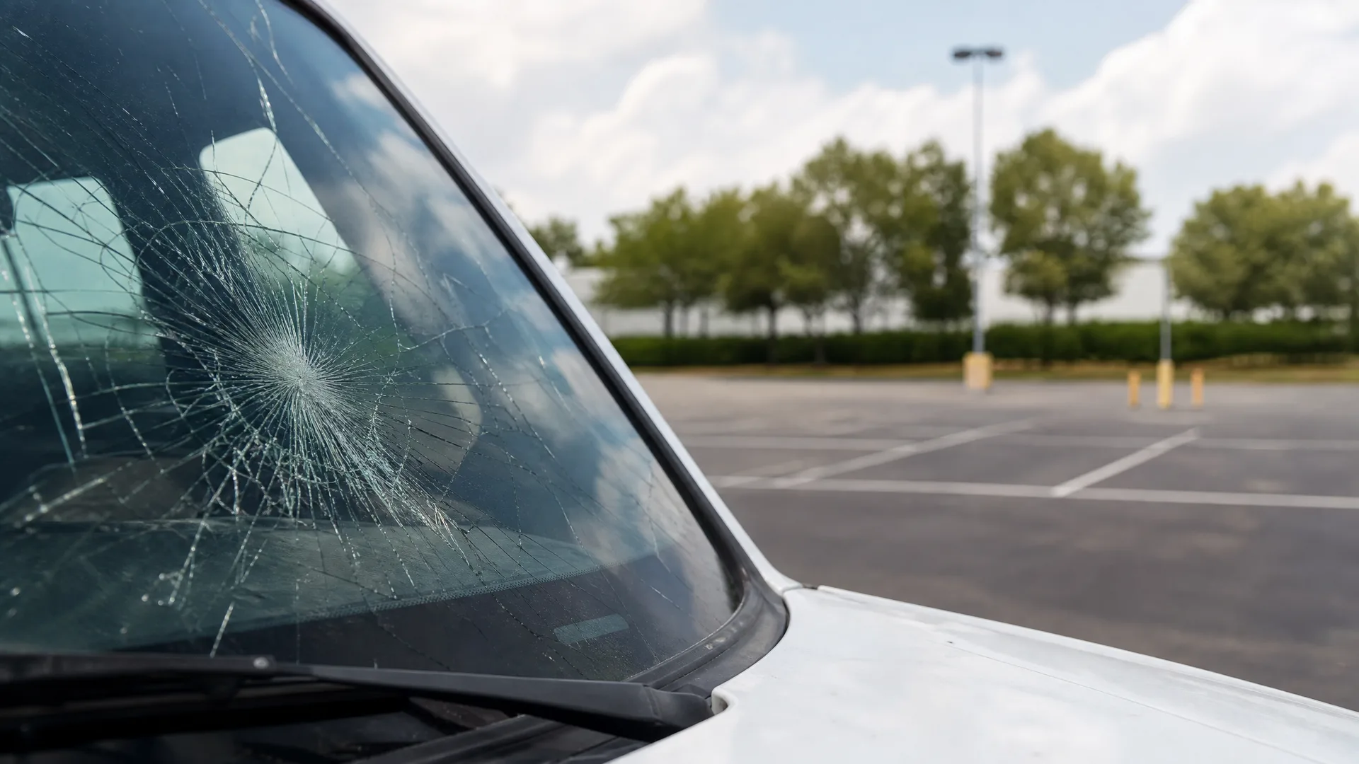 Close-up of a white car's windshield with a large radiating impact crack, parked in an empty asphalt lot with trees and a light pole in the background.