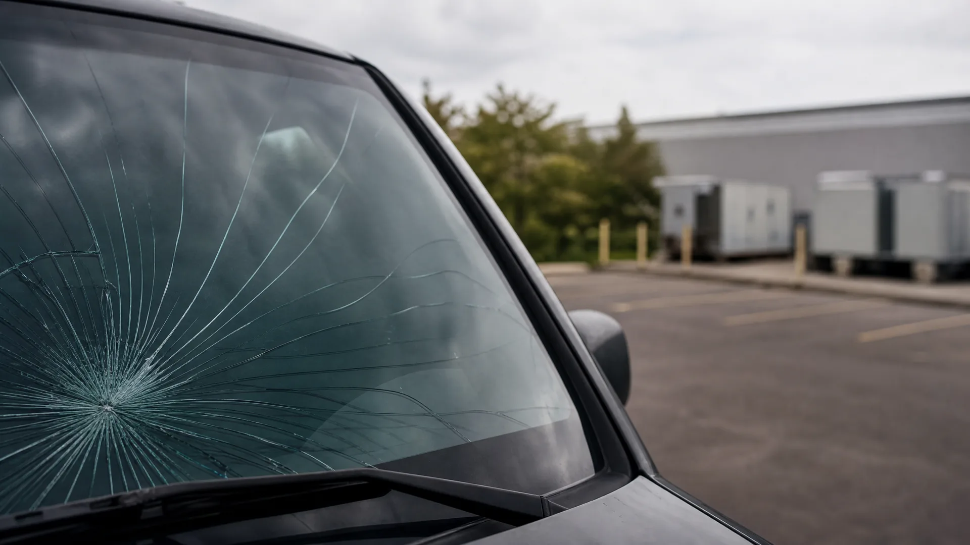 Close-up of a dark car's windshield with a large radial crack pattern, parked in an empty paved lot with a low building, trailers, and trees blurred in the background.