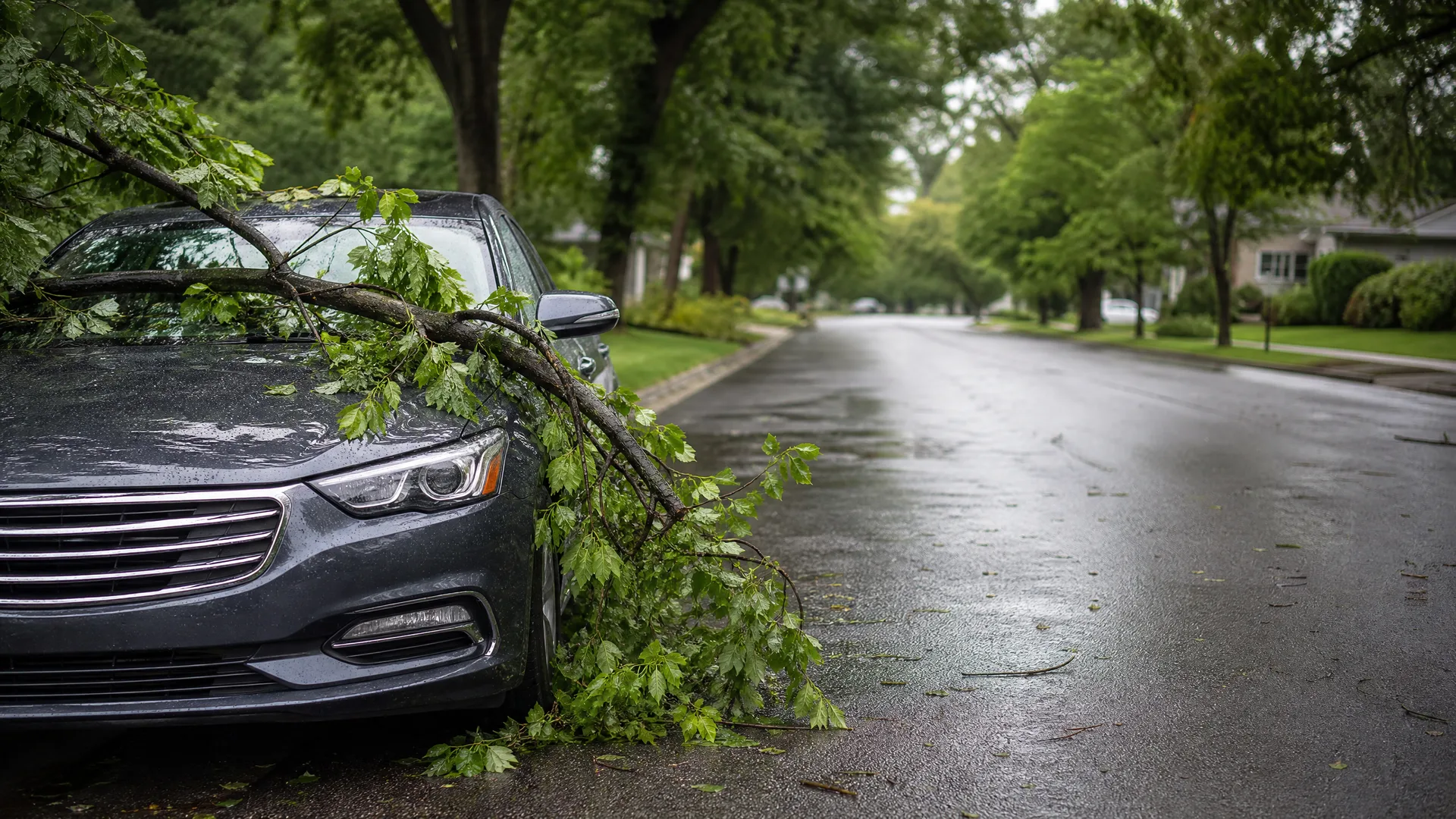 A large leafy tree branch has fallen across the hood and windshield of a dark grey sedan parked along a wet residential street lined with trees and houses.