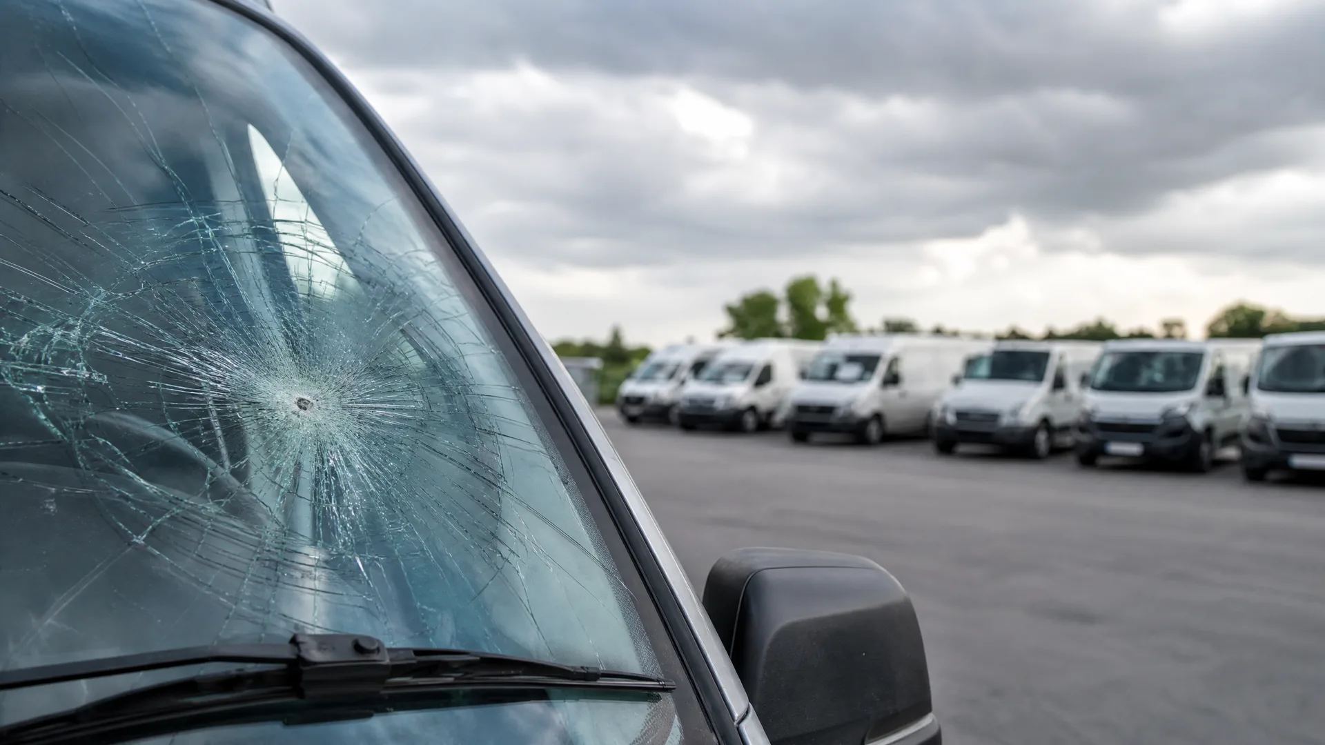 Close-up of a vehicle windshield with a large impact crack and radiating fractures, with a row of parked white vans on asphalt under a cloudy sky in the background.