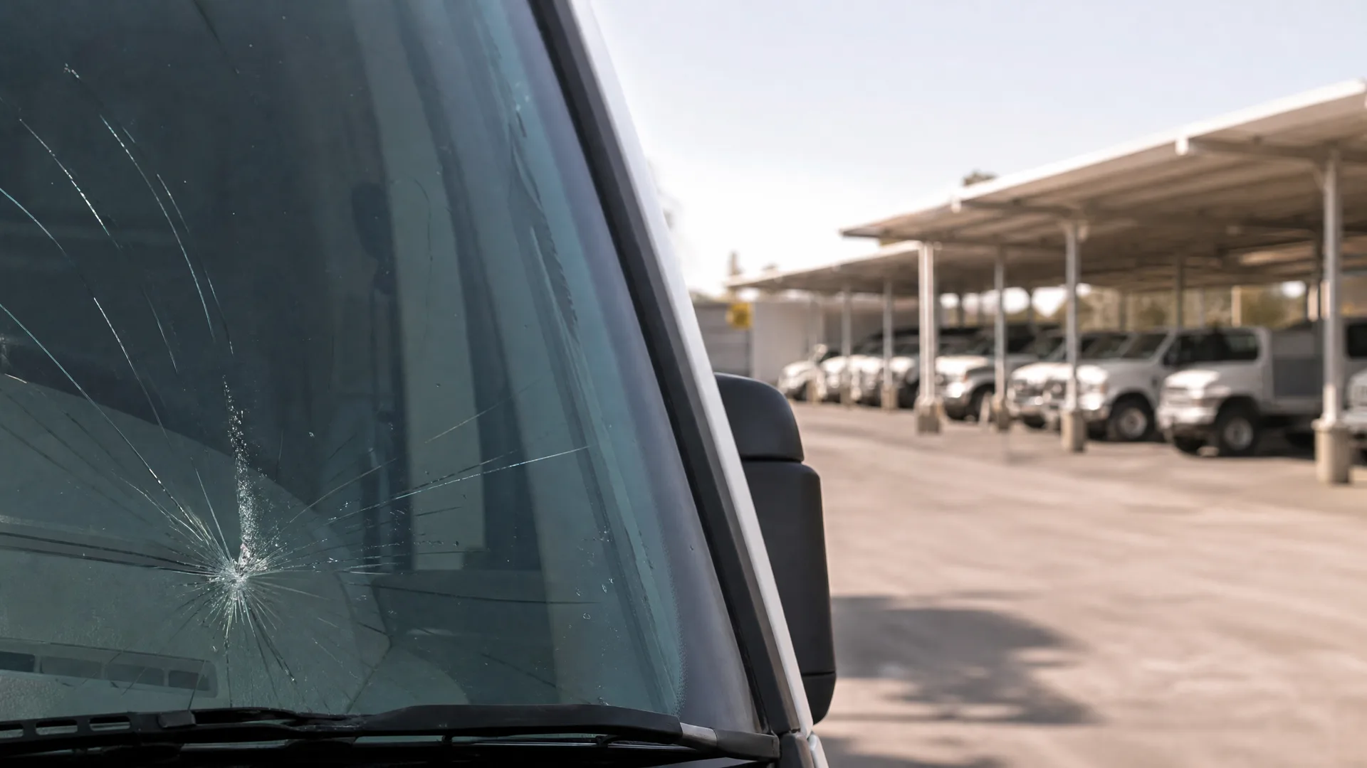 Close-up of a vehicle windshield with a star-shaped impact crack, with a row of white vans parked under metal shade canopies in the background.