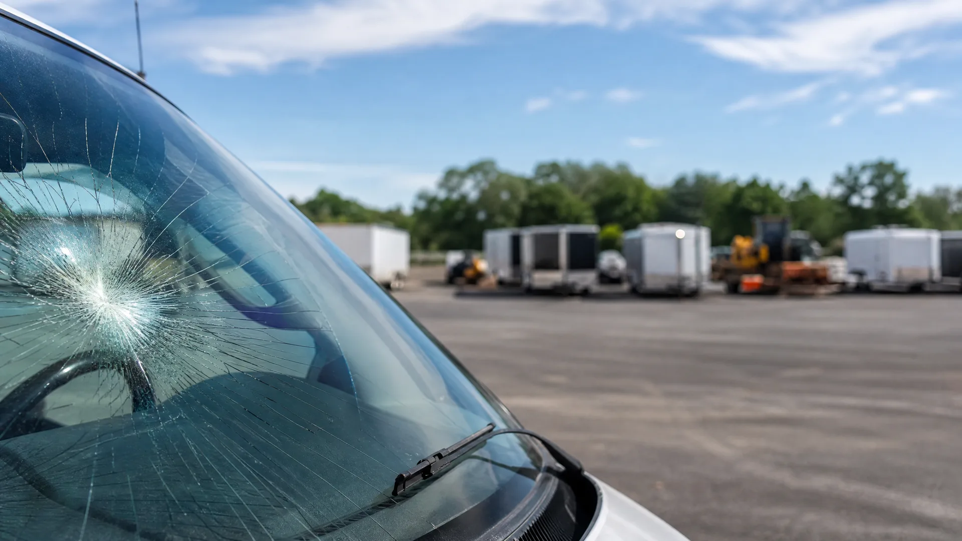 Close-up of a vehicle windshield with a large radiating crack from an impact point, parked in an asphalt lot with white cargo trailers and construction equipment in the background under a blue sky.