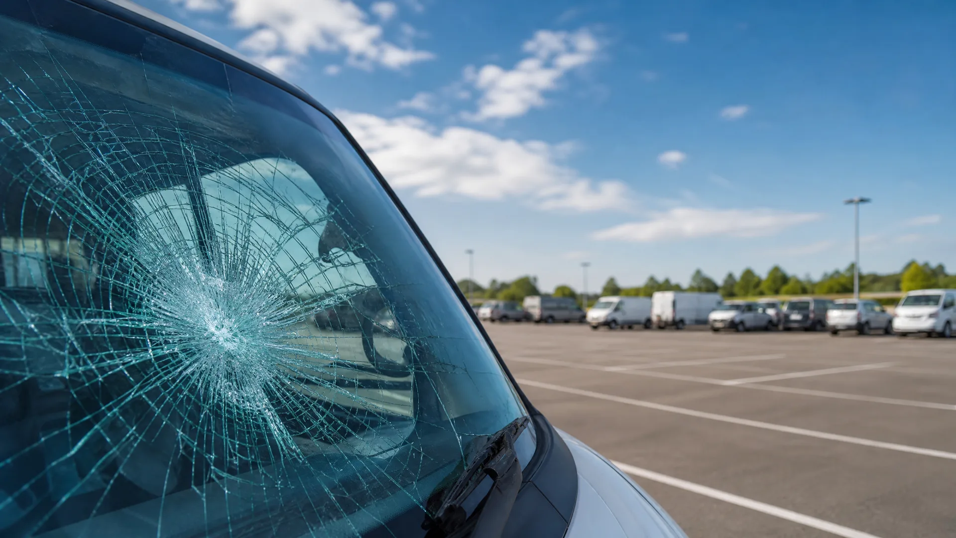 Close-up of a vehicle's shattered windshield with a radiating crack pattern, parked in an outdoor lot with vans and trees under a blue sky.