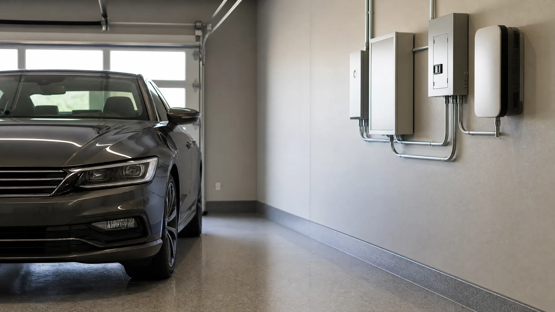 Interior of a garage with a dark gray sedan parked beside a gray wall holding several wall-mounted electrical panels and enclosures connected by metal conduit.