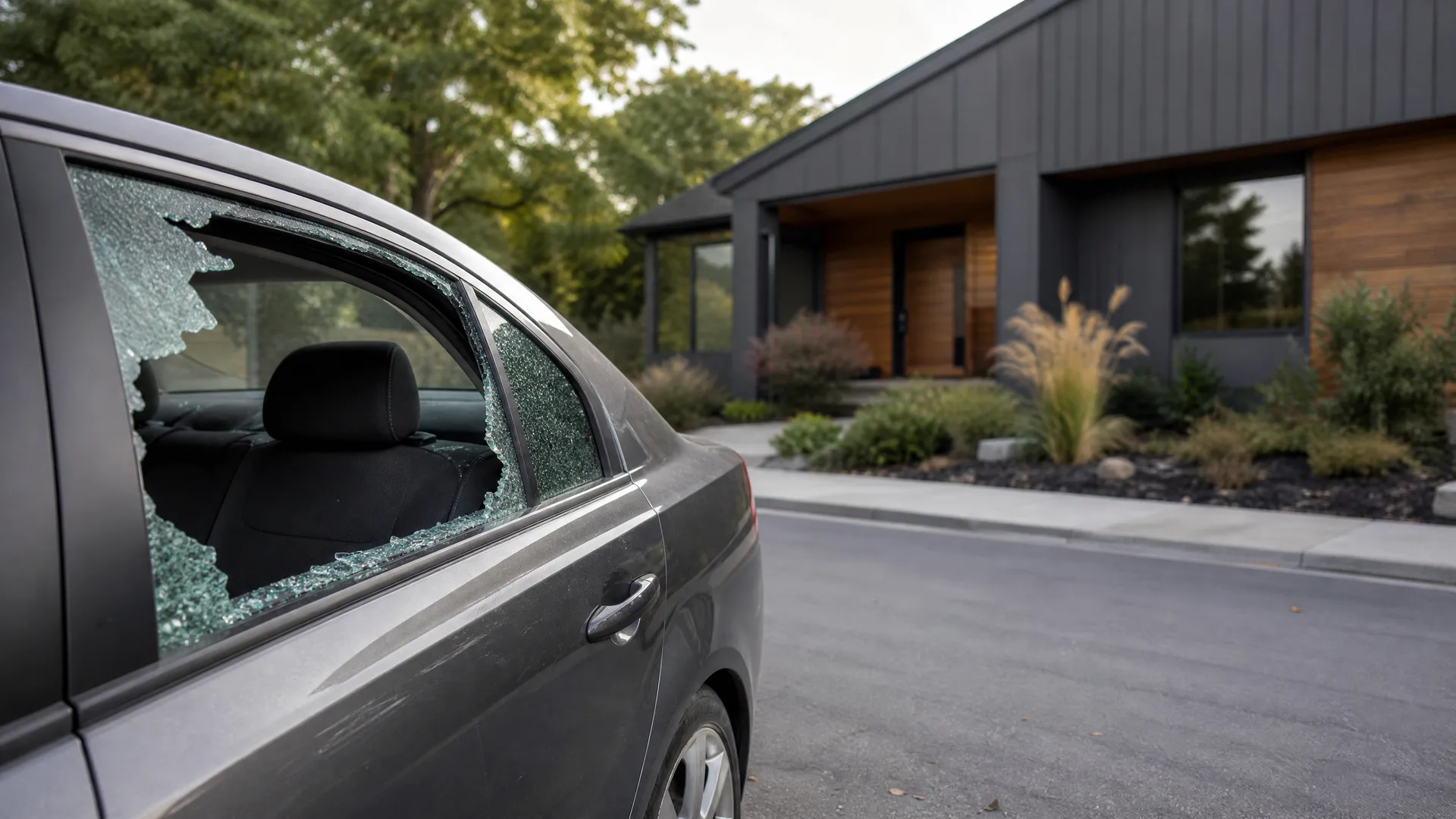 A dark gray sedan parked on a paved street with its rear side window smashed and shattered glass fragments scattered on the door and interior, with a modern dark-clad house with wood accents and landscaped shrubs in the background.
