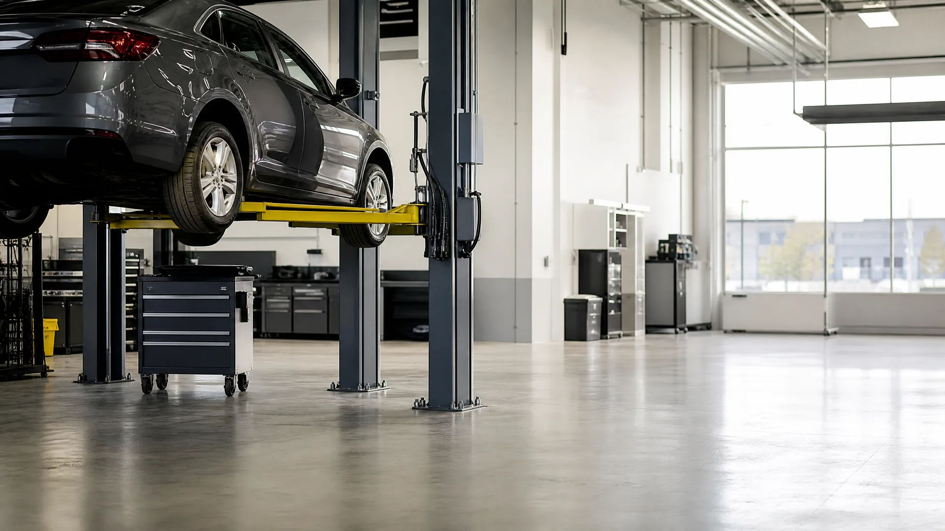 A gray sedan raised on a two-post lift in an automotive service bay with a polished concrete floor, a rolling tool cabinet, cabinets along the wall, and large windows at the right.