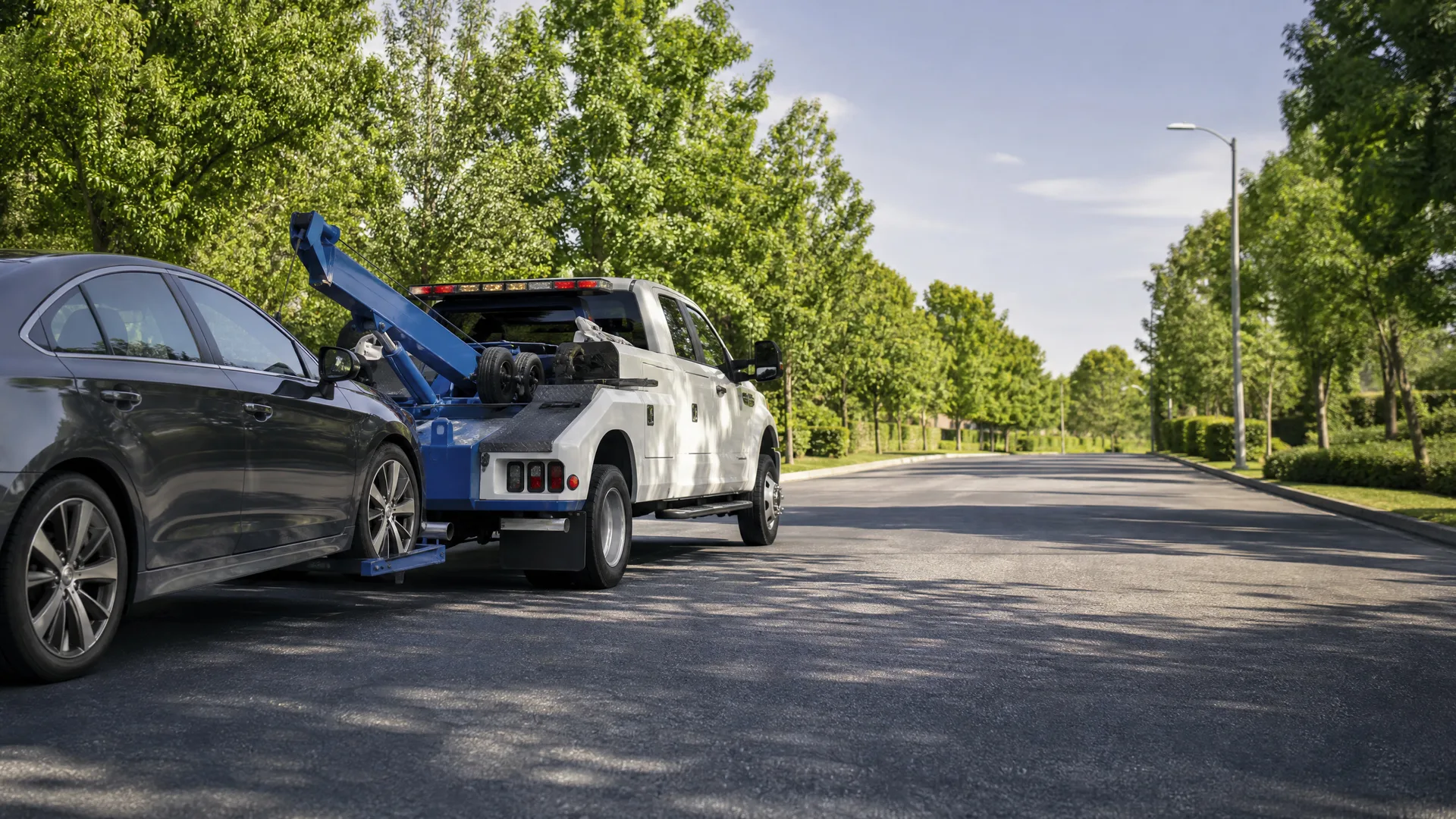 A white tow truck with blue boom equipment towing a dark gray sedan by its front wheels on a tree-lined suburban street.