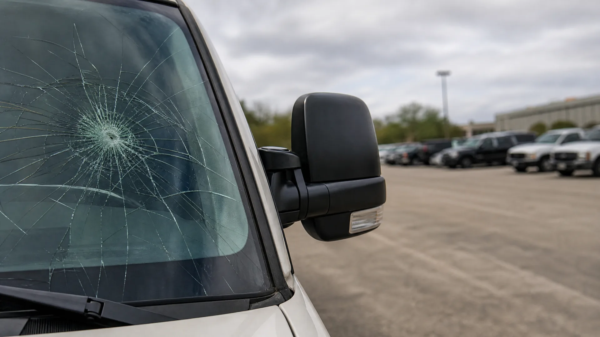 Close-up of a white vehicle's cracked windshield with a spiderweb impact point, alongside a black extendable side mirror, with a parking lot of vehicles and an overcast sky in the background.