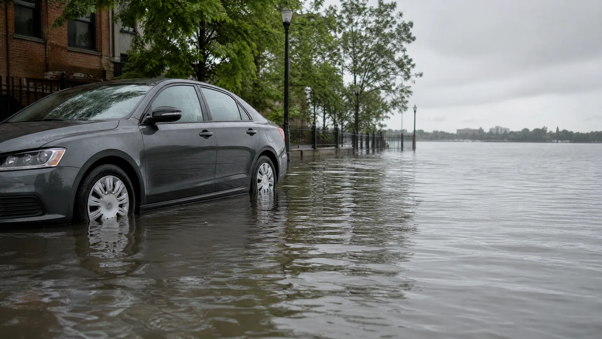 A dark gray sedan sits in floodwater covering a street beside a brick building, with trees, a lamppost and an iron fence partly submerged under an overcast sky.