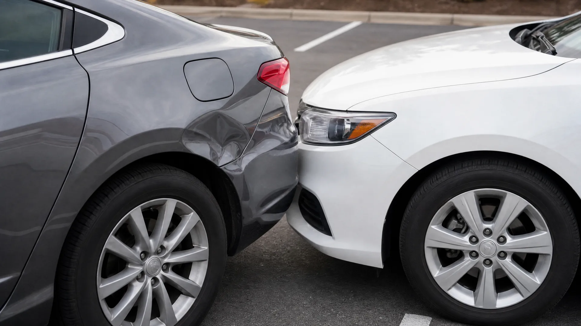 Close-up of a white car's front bumper pressed against the dented rear quarter panel of a gray car in a paved parking lot.