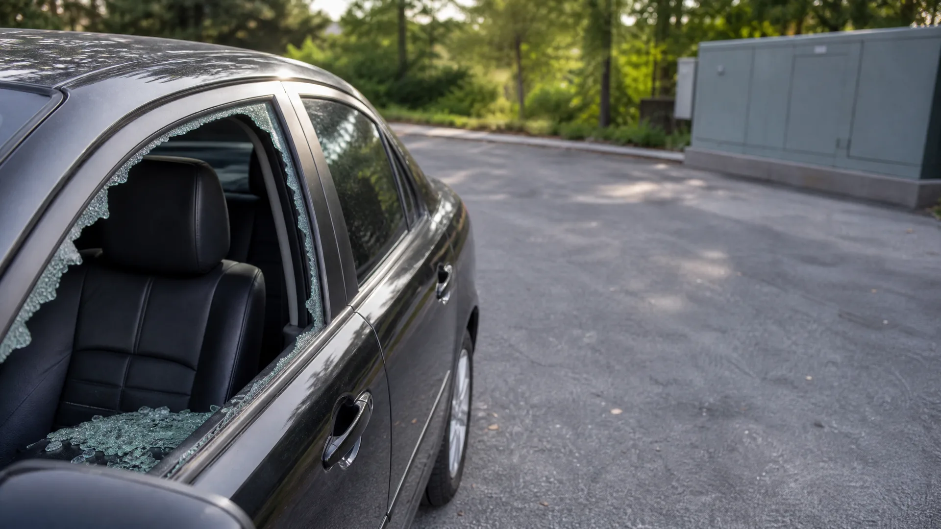 A dark sedan parked on asphalt with its rear side window smashed and broken glass on the seat and door frame, with green trees and a gray utility enclosure in the background.