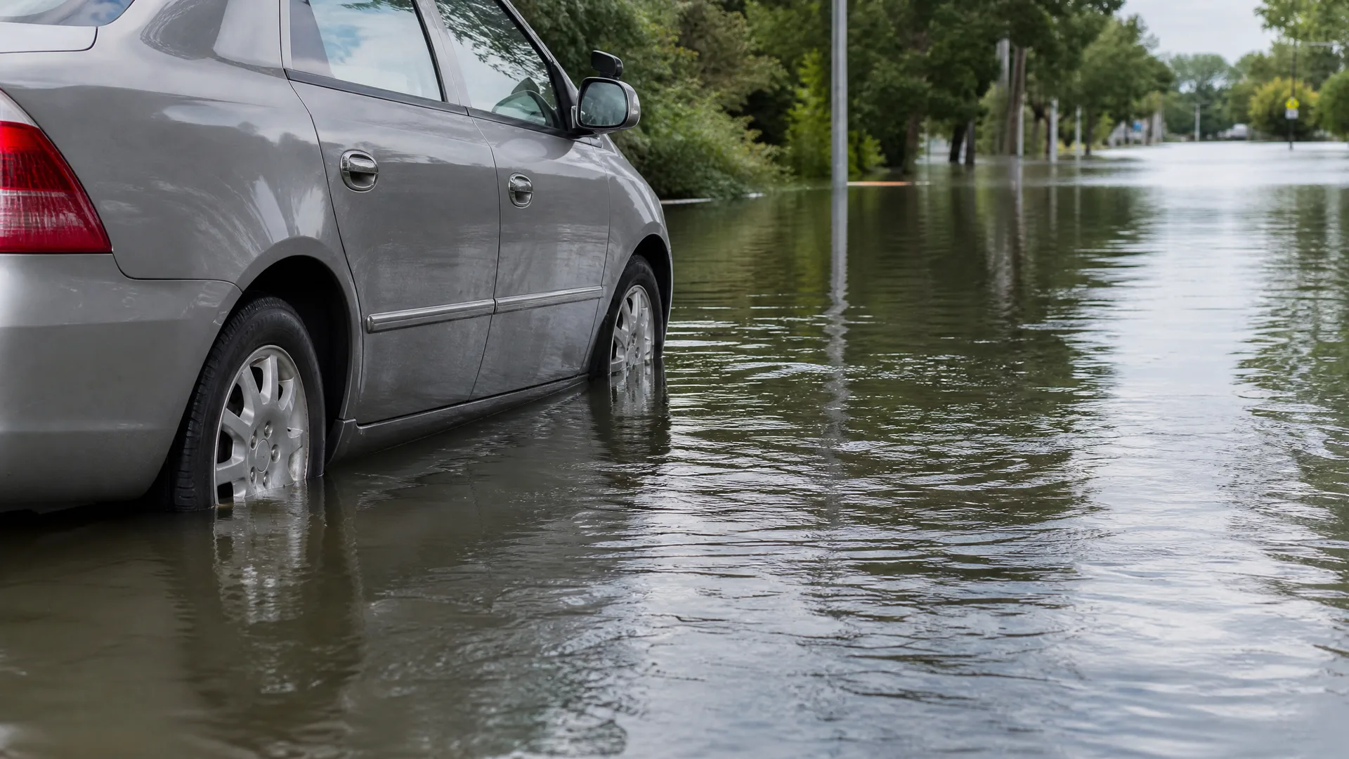 A silver sedan sits in floodwater covering a street up to its wheel rims, with submerged trees and a utility pole in the background.