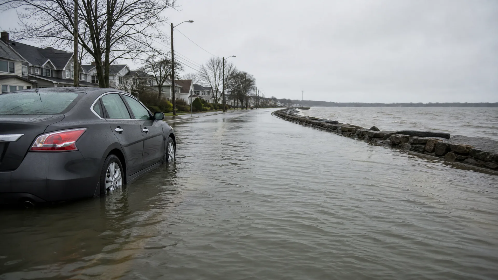 A dark sedan sits in floodwater covering a coastal residential street, with houses and bare trees on the left and a rock seawall beside open water on the right under an overcast sky.