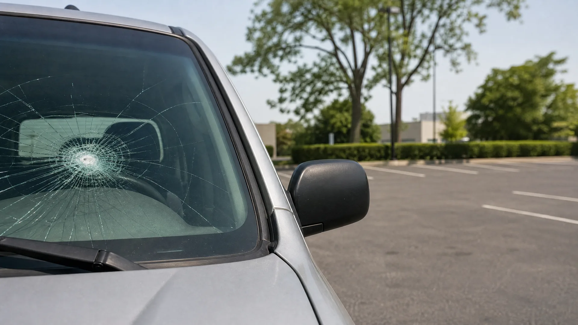 Close-up of a silver vehicle's windshield with a large radiating crack and impact point, parked in an empty lot with trees and a low building in the background.