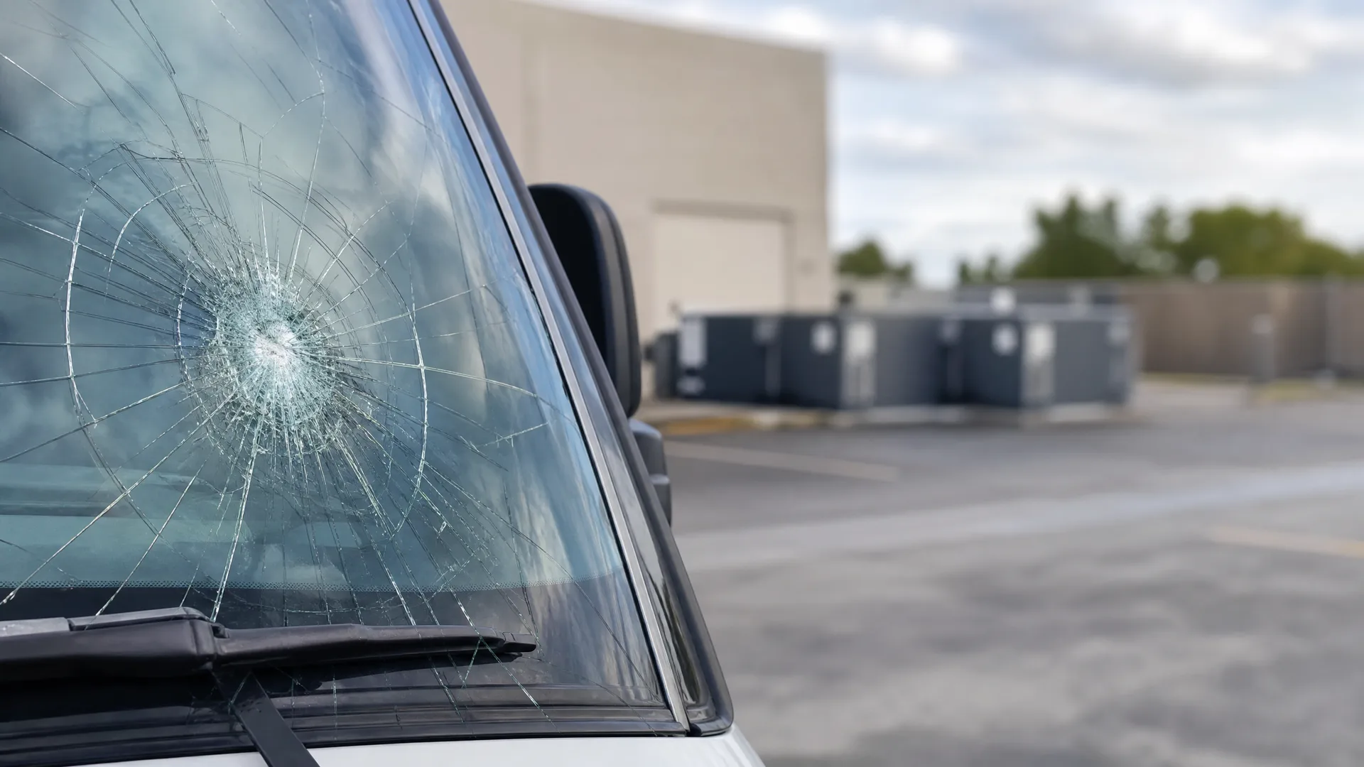 Close-up of a white vehicle's windshield with a large impact point and radiating cracks, parked in a paved lot beside a light-colored building and HVAC units.