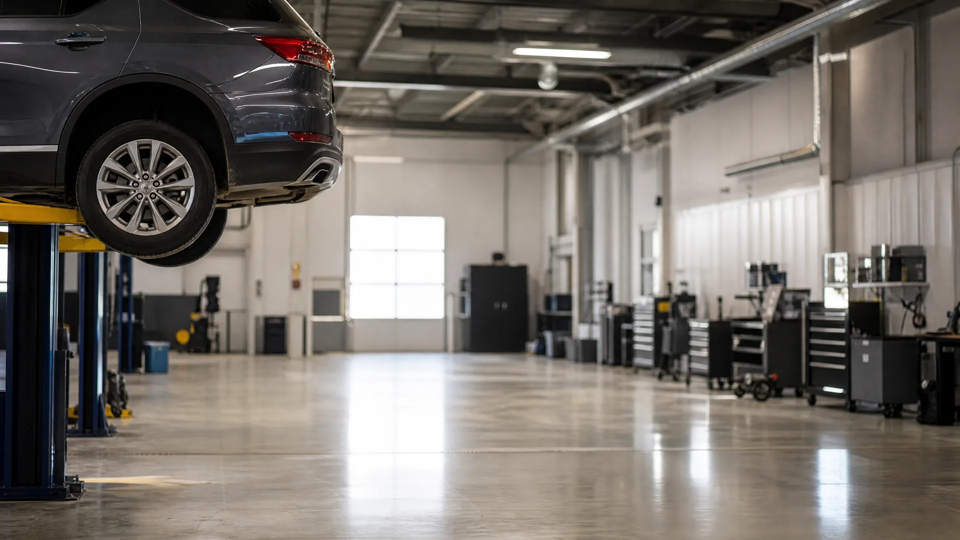 Interior of an auto service garage with a gray SUV raised on a lift at left, polished concrete floor, white walls, and rows of tool cabinets along the right side.