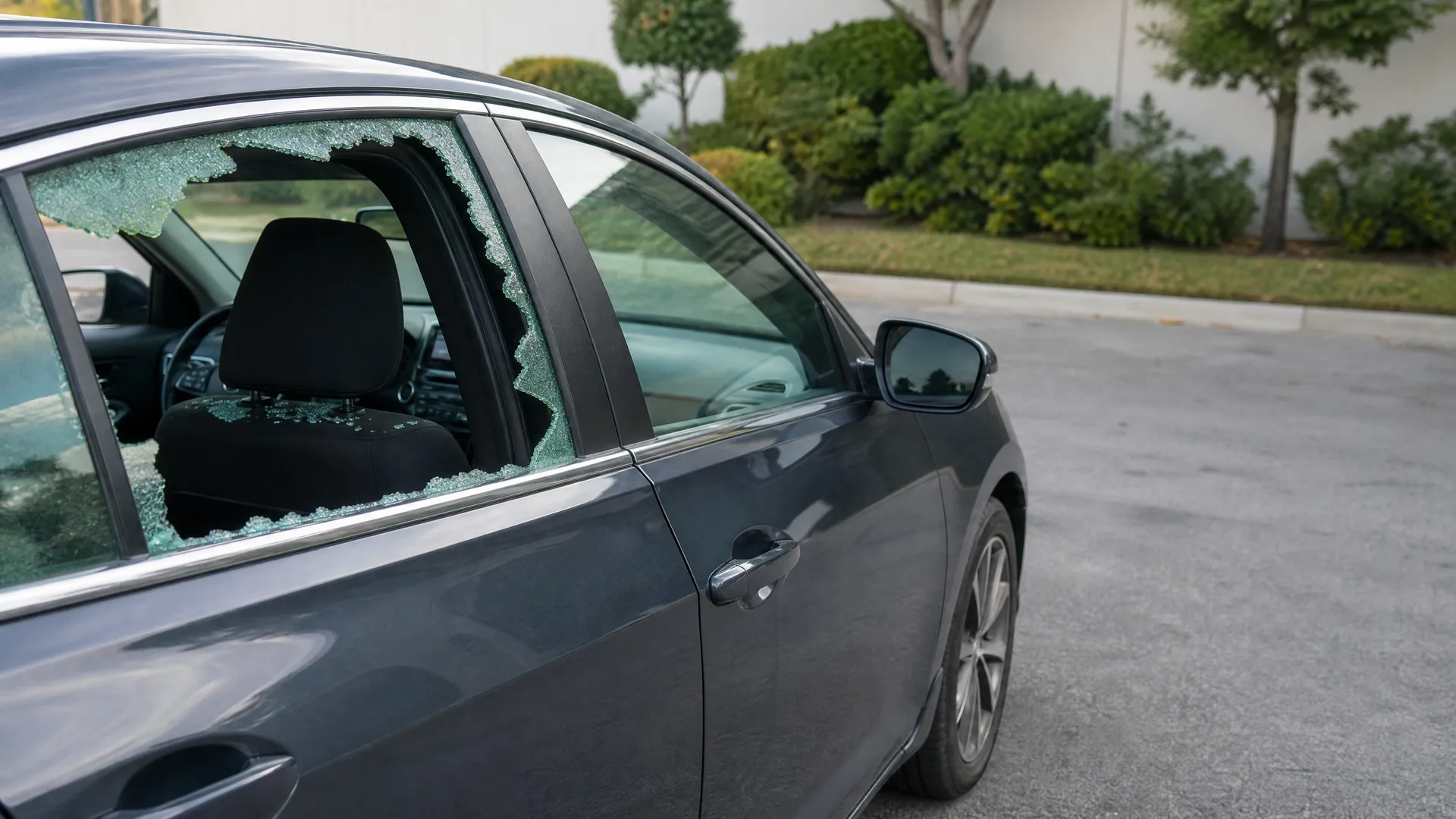 A dark gray sedan parked on pavement with its rear passenger window shattered and broken glass fragments scattered on the door frame and seat, with shrubs and a light-colored building behind it.