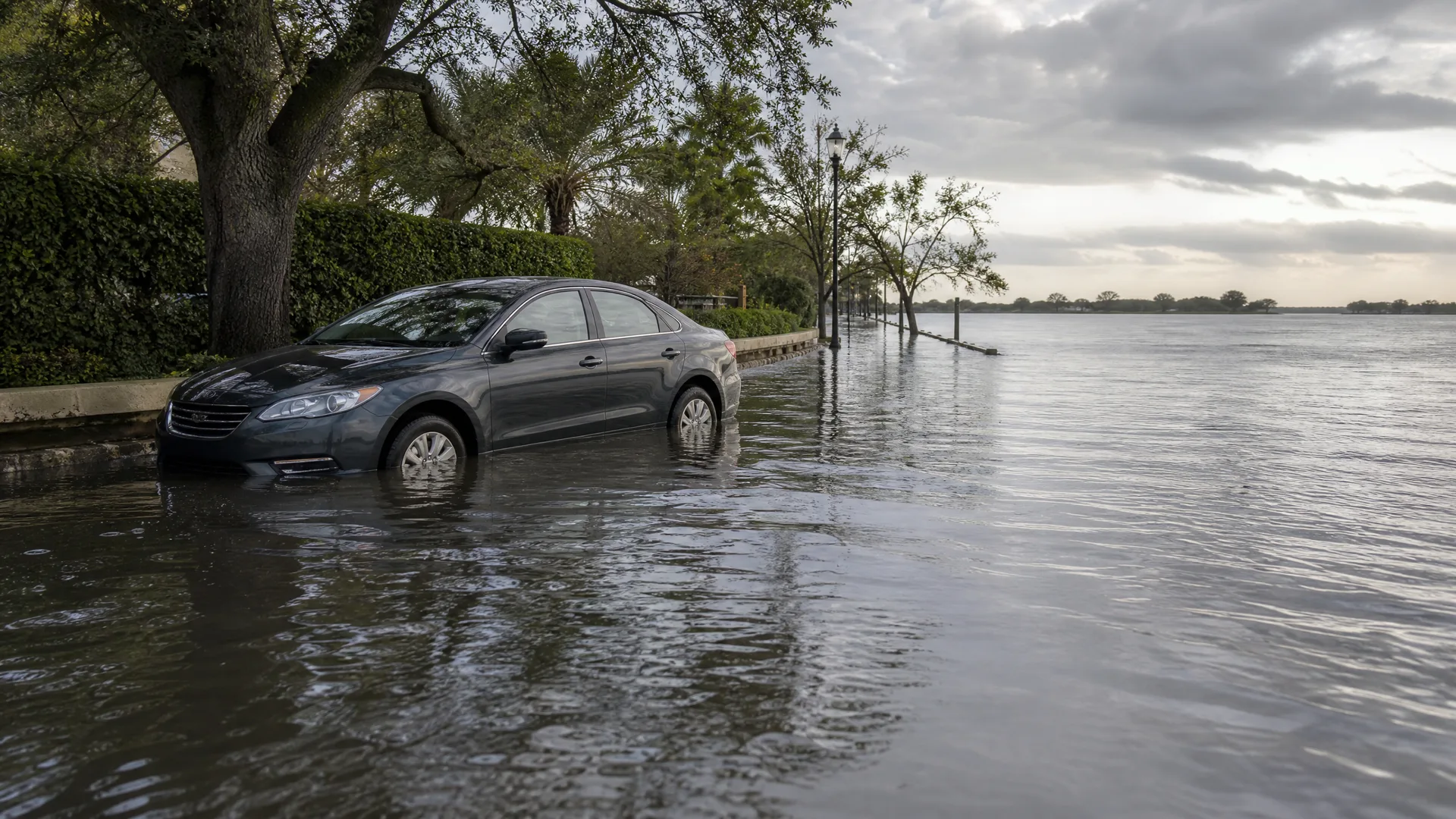 A dark sedan sits in floodwater covering a street lined with trees and a hedge, with the water extending to an open expanse under a cloudy sky.