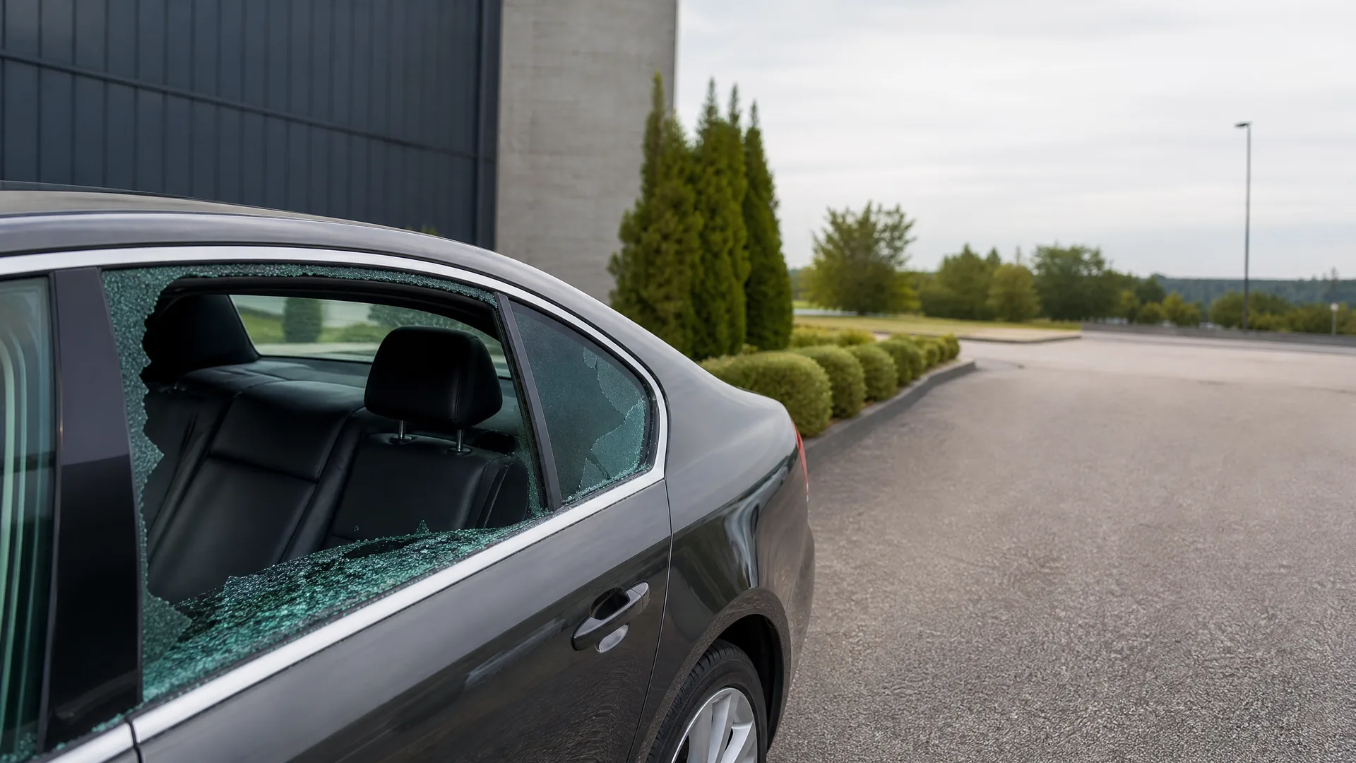 A dark sedan parked beside a building with its rear side window shattered, broken glass scattered on the back seat, with trimmed shrubs and an empty paved lot in the background.
