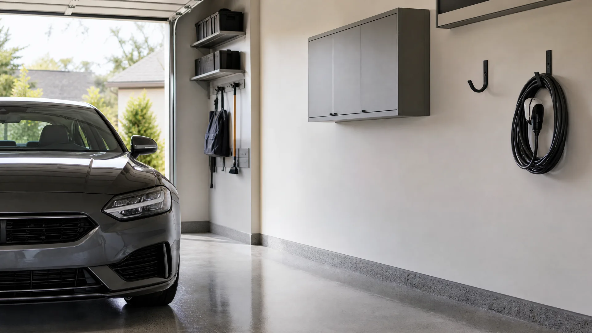 Interior of a garage with polished concrete floor, a gray car parked at left near the open door, wall-mounted gray cabinets, shelves and hanging bags, and a coiled black charging cable on a hook at right.