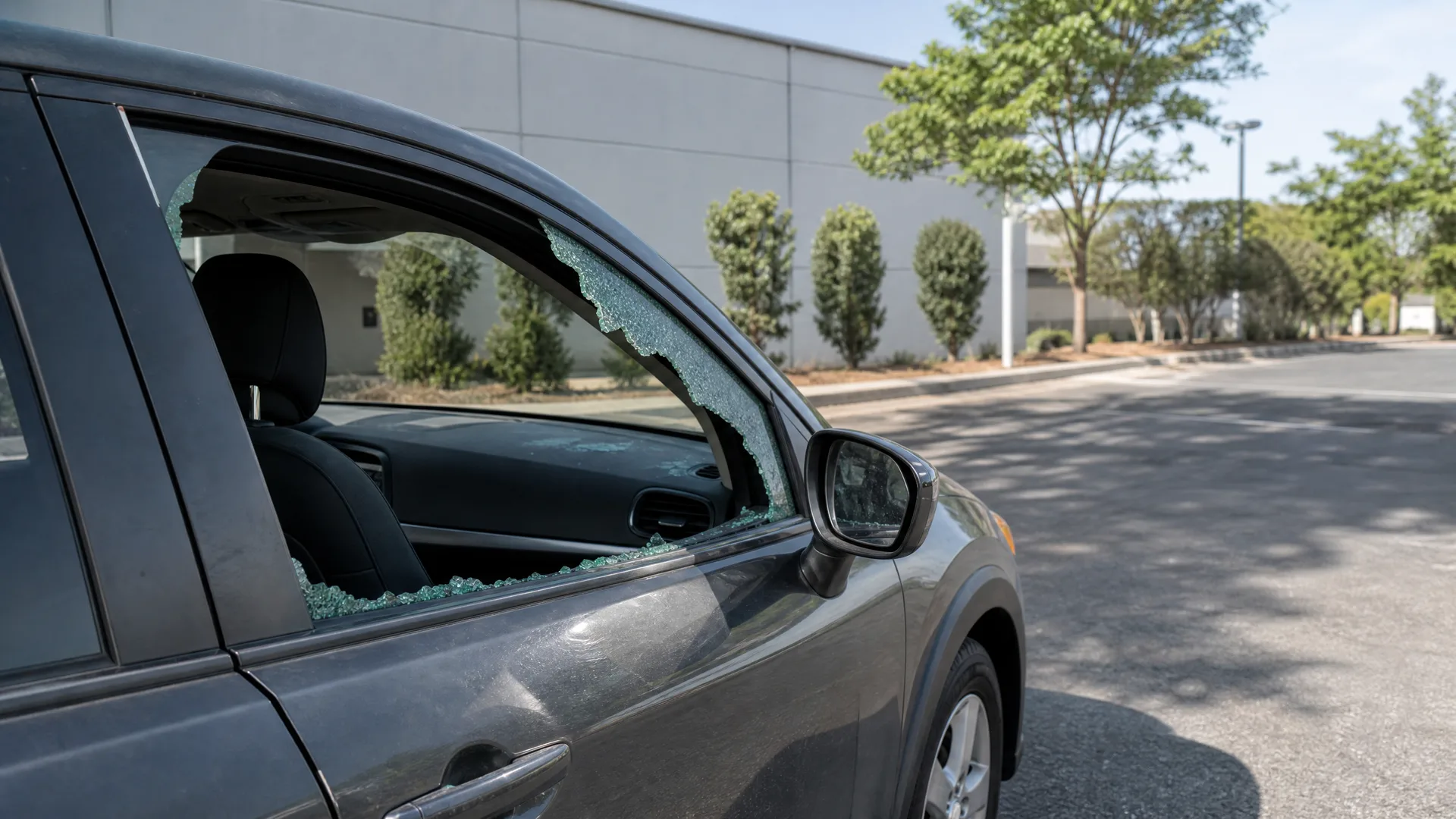 A dark gray SUV parked beside a light-colored building with its front driver's side window smashed, leaving jagged safety glass fragments along the frame and inside the door.