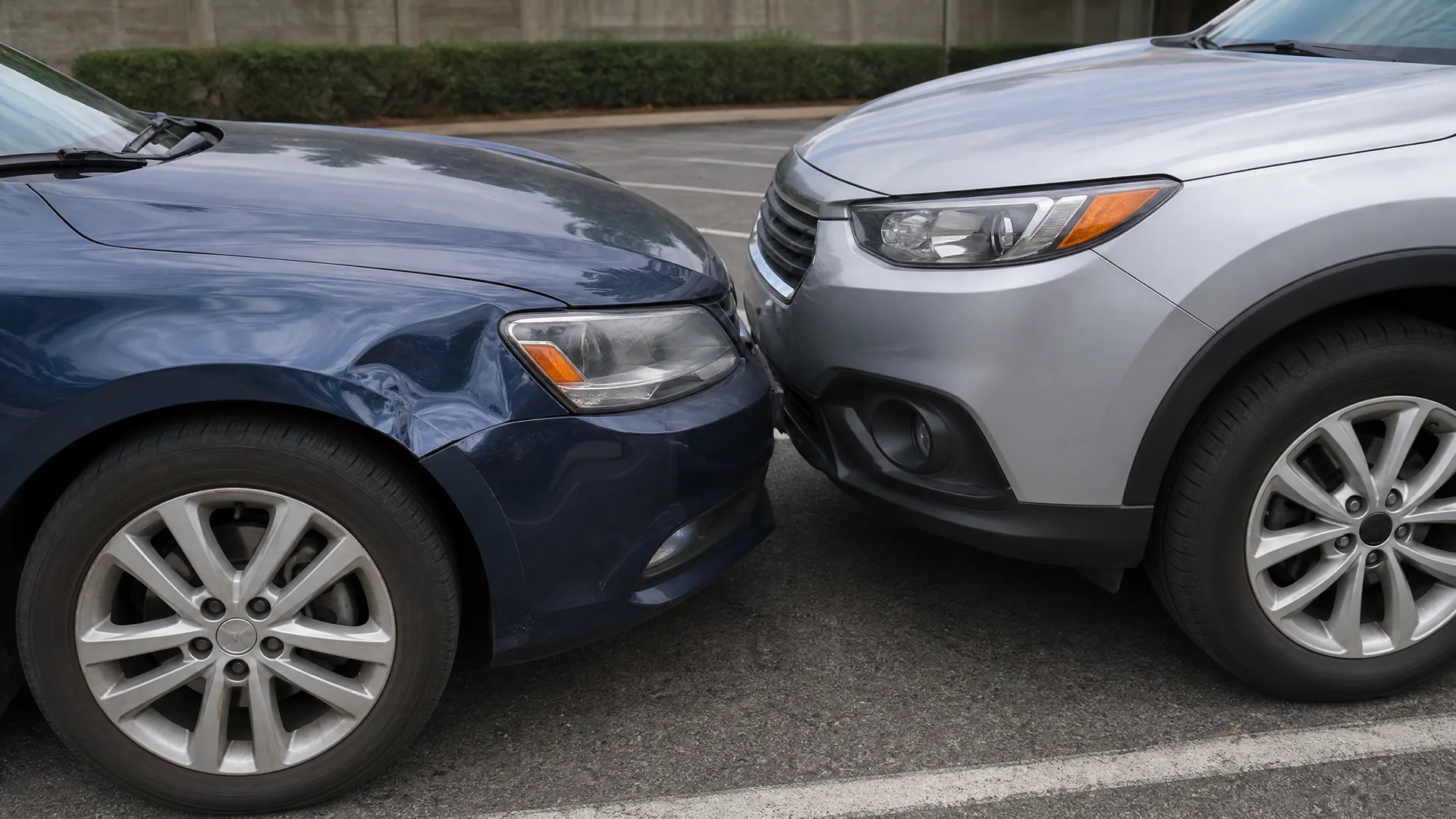 Front corners of a dark blue sedan with a dented fender and a silver SUV touching bumpers in a paved parking area, with a hedge and wall behind.
