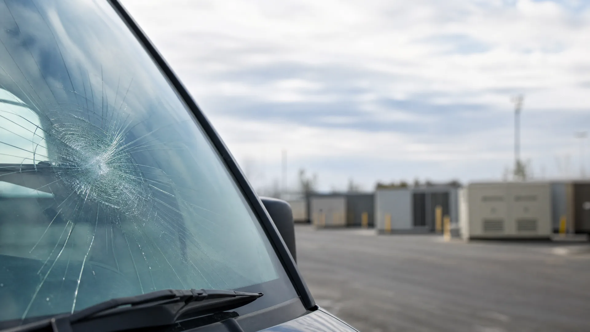 Close-up of a vehicle windshield with a large radiating impact crack, parked on asphalt with blurred low industrial buildings and overcast sky in the background.