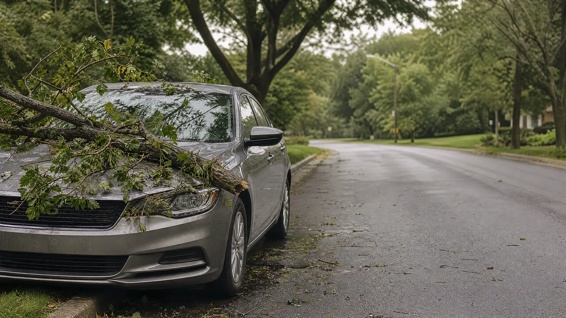 A silver sedan parked at the curb of a wet residential street with a large fallen tree branch resting across its hood and windshield, with debris scattered on the pavement.
