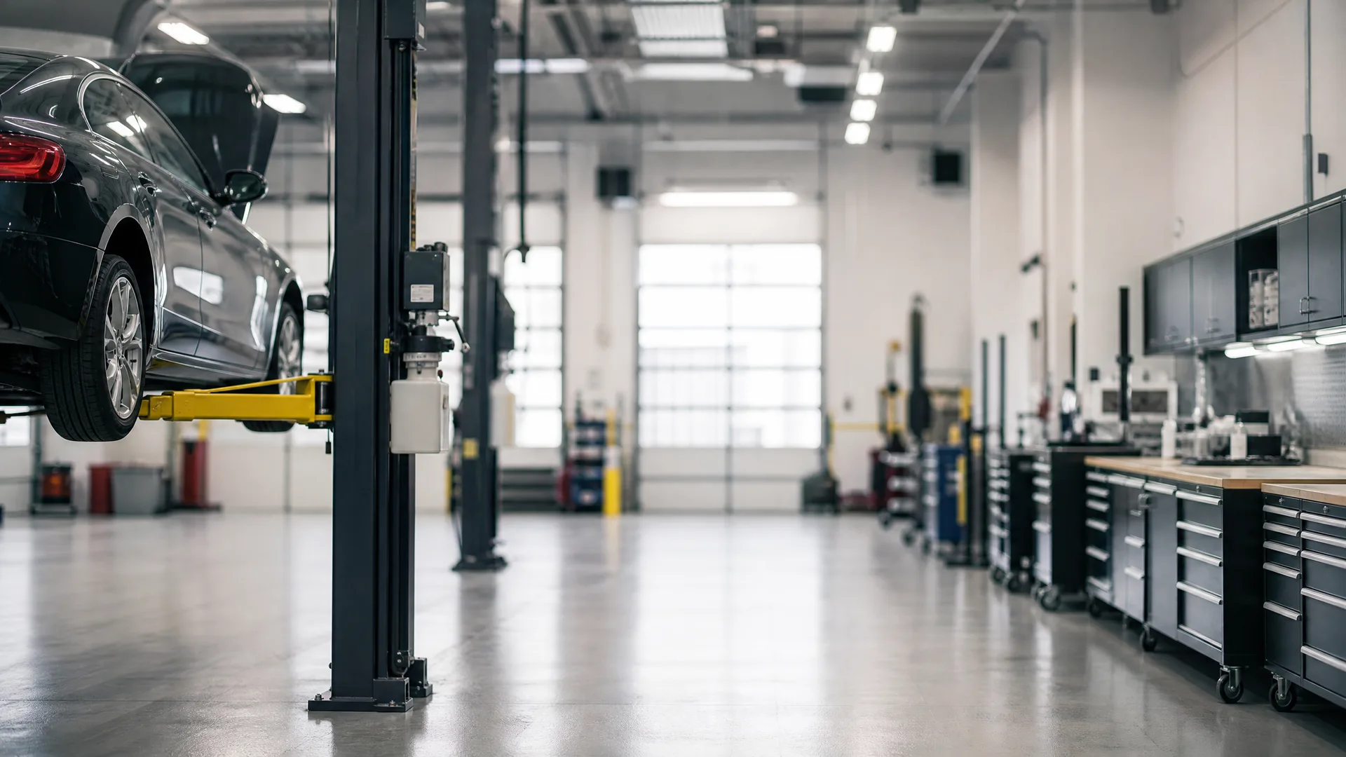 Interior of an auto repair shop with a dark sedan raised on a two-post lift at left, polished concrete floor, and rows of tool cabinets and workbenches along the right wall.