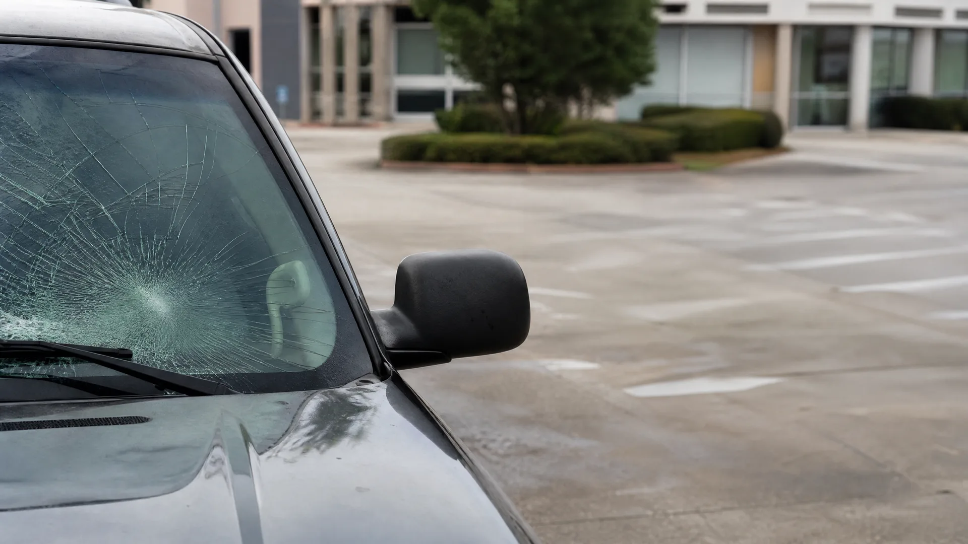 A dark car with a heavily shattered windshield parked on an empty concrete lot in front of a building with glass windows and trimmed shrubs.