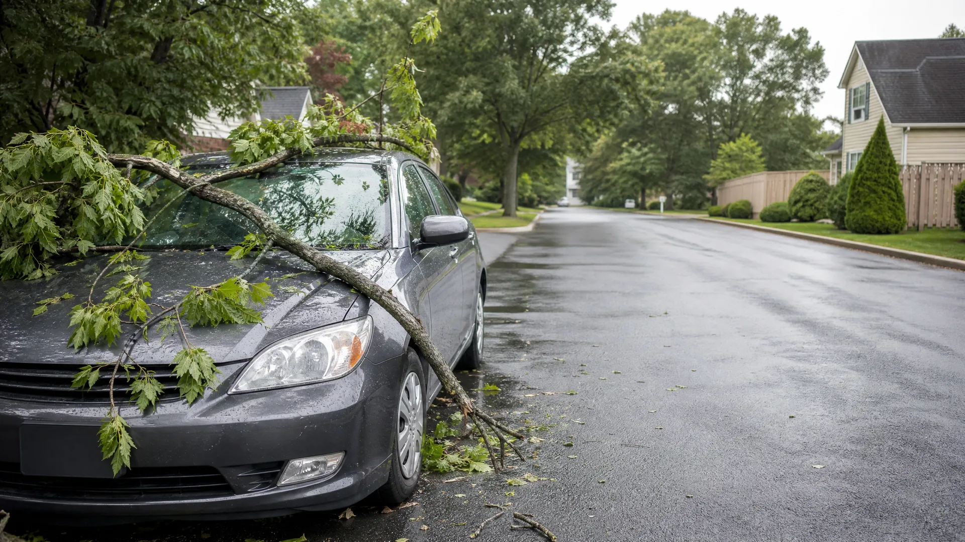 A fallen leafy tree branch rests across the hood and windshield of a dark gray sedan parked on a wet residential street lined with trees and houses.