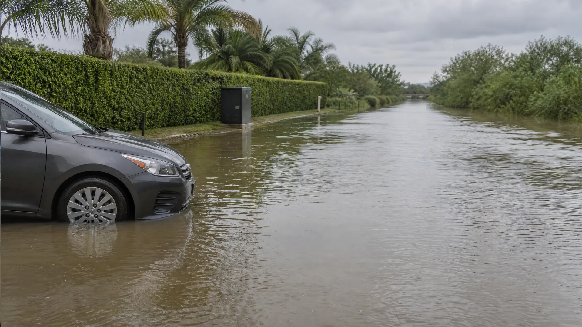 A gray sedan sits partly submerged in brown floodwater covering a road lined by a trimmed hedge, palm trees, and shrubs under an overcast sky.