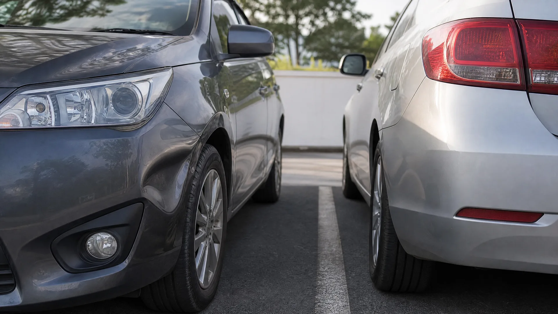 Low-angle view of a dark grey car's front end and a silver car's rear end parked close together, separated by a white painted line on asphalt, with a white wall and trees behind.