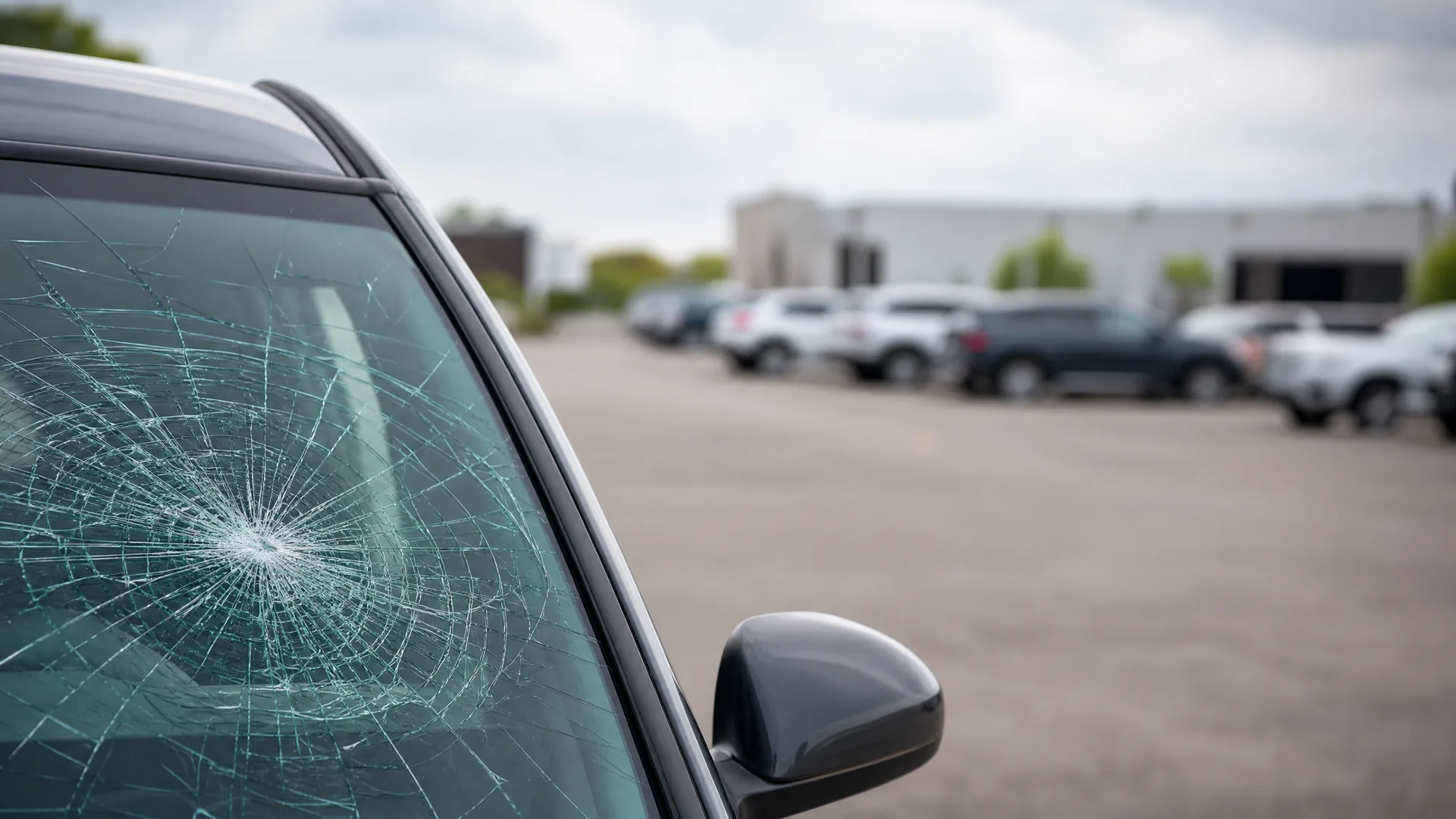 Close-up of a car's shattered windshield with a radiating impact crack, with a side mirror and a parking lot of blurred vehicles and a light-colored building in the background.