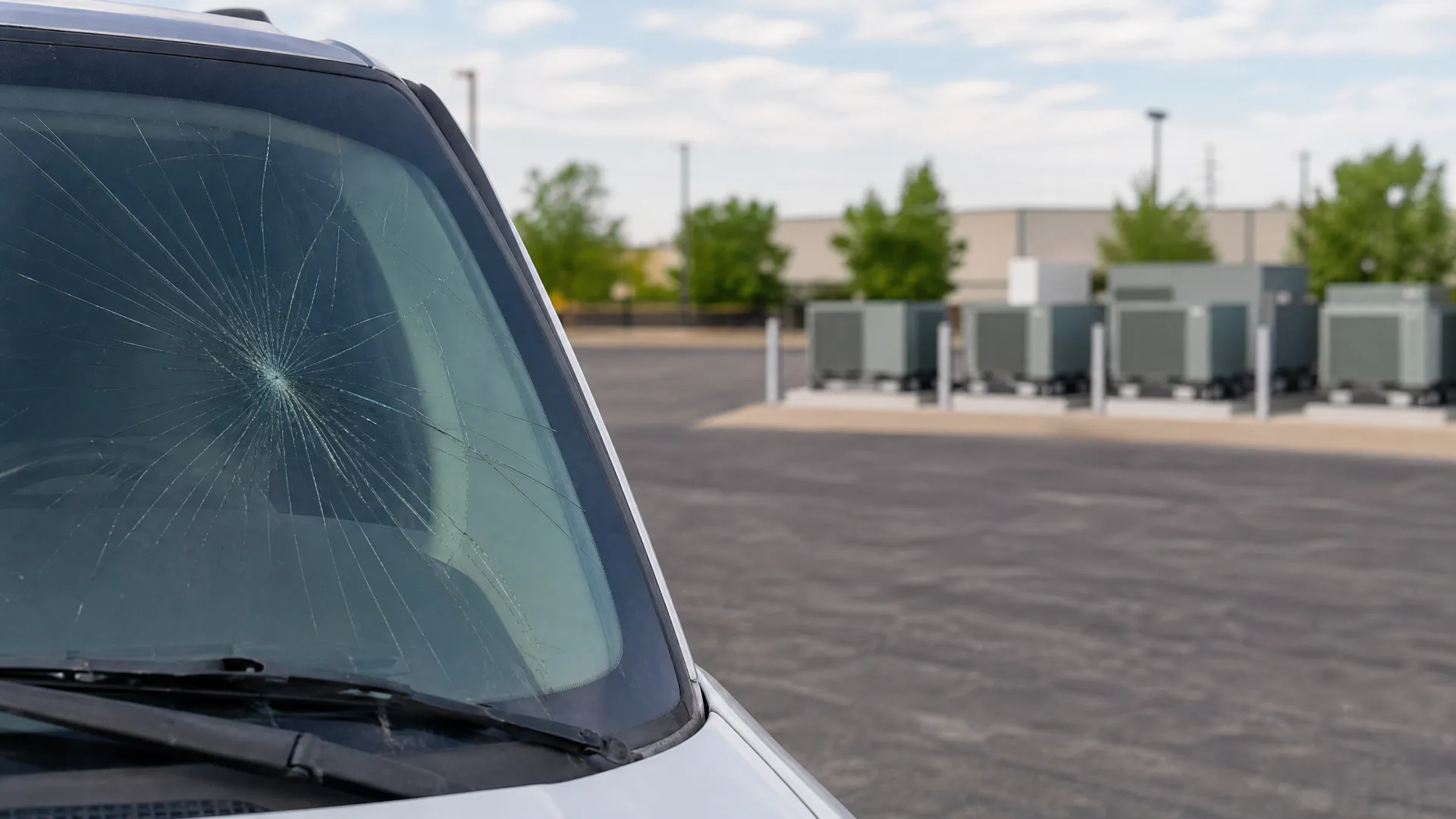 Close-up of a white vehicle's windshield with a star-shaped impact crack and radiating lines, parked in an empty asphalt lot with HVAC units, trees, and a low building in the background.