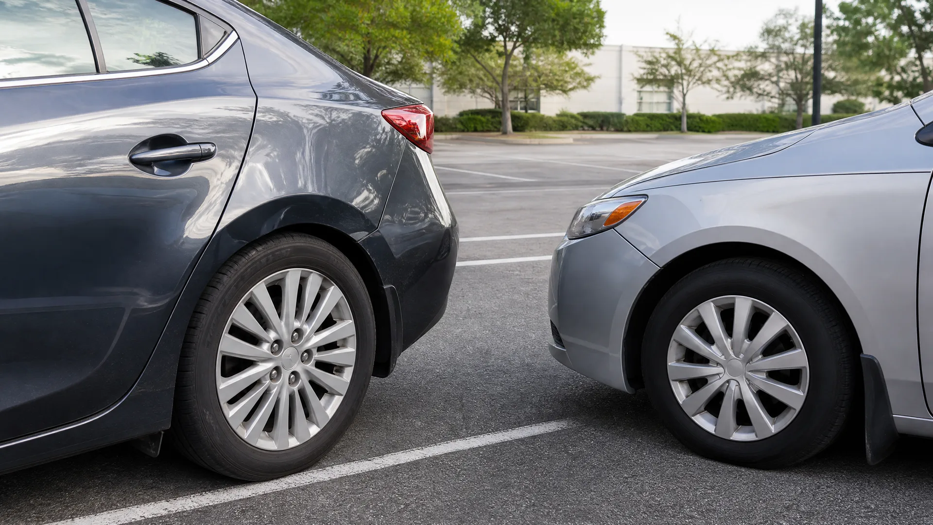Rear of a dark gray sedan and front of a silver sedan parked nose-to-tail in an asphalt lot, with trees and a light-colored building in the background.