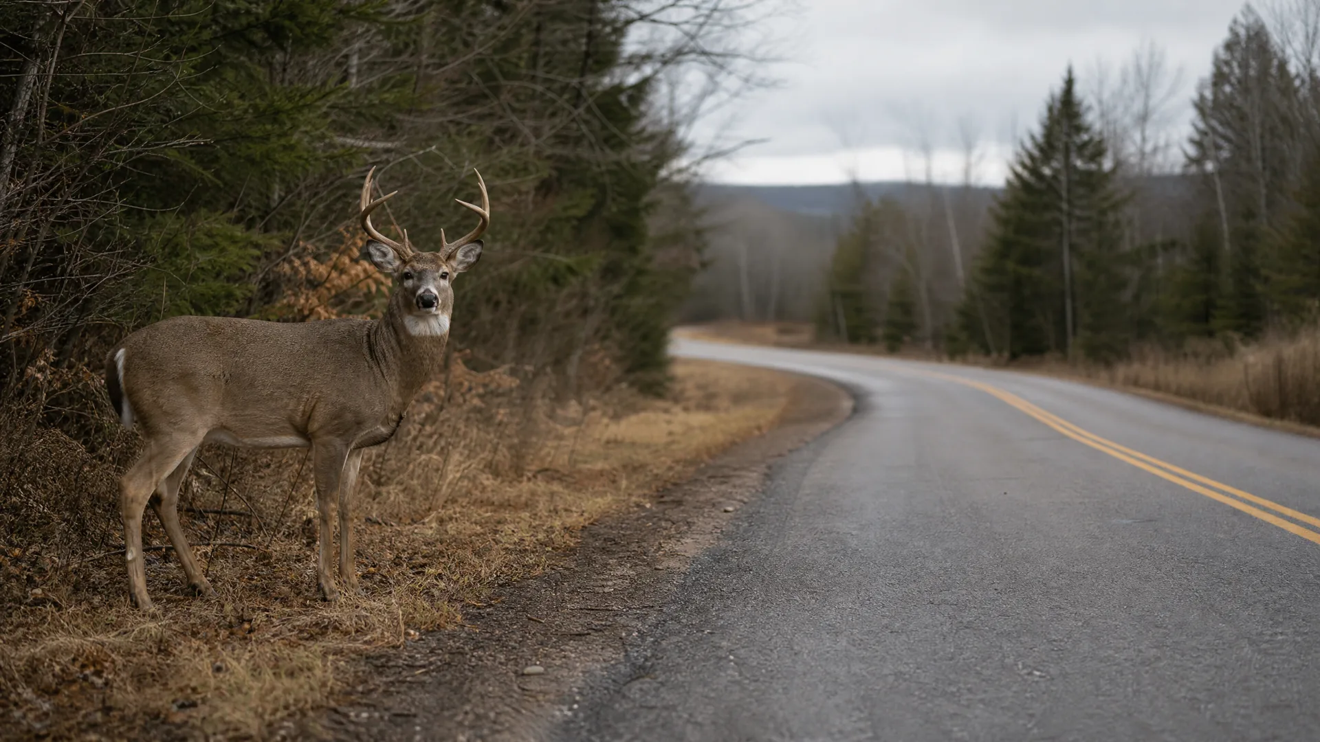 A white-tailed deer with antlers stands on the dry grass shoulder of a curving two-lane paved road bordered by conifers and bare trees under an overcast sky.