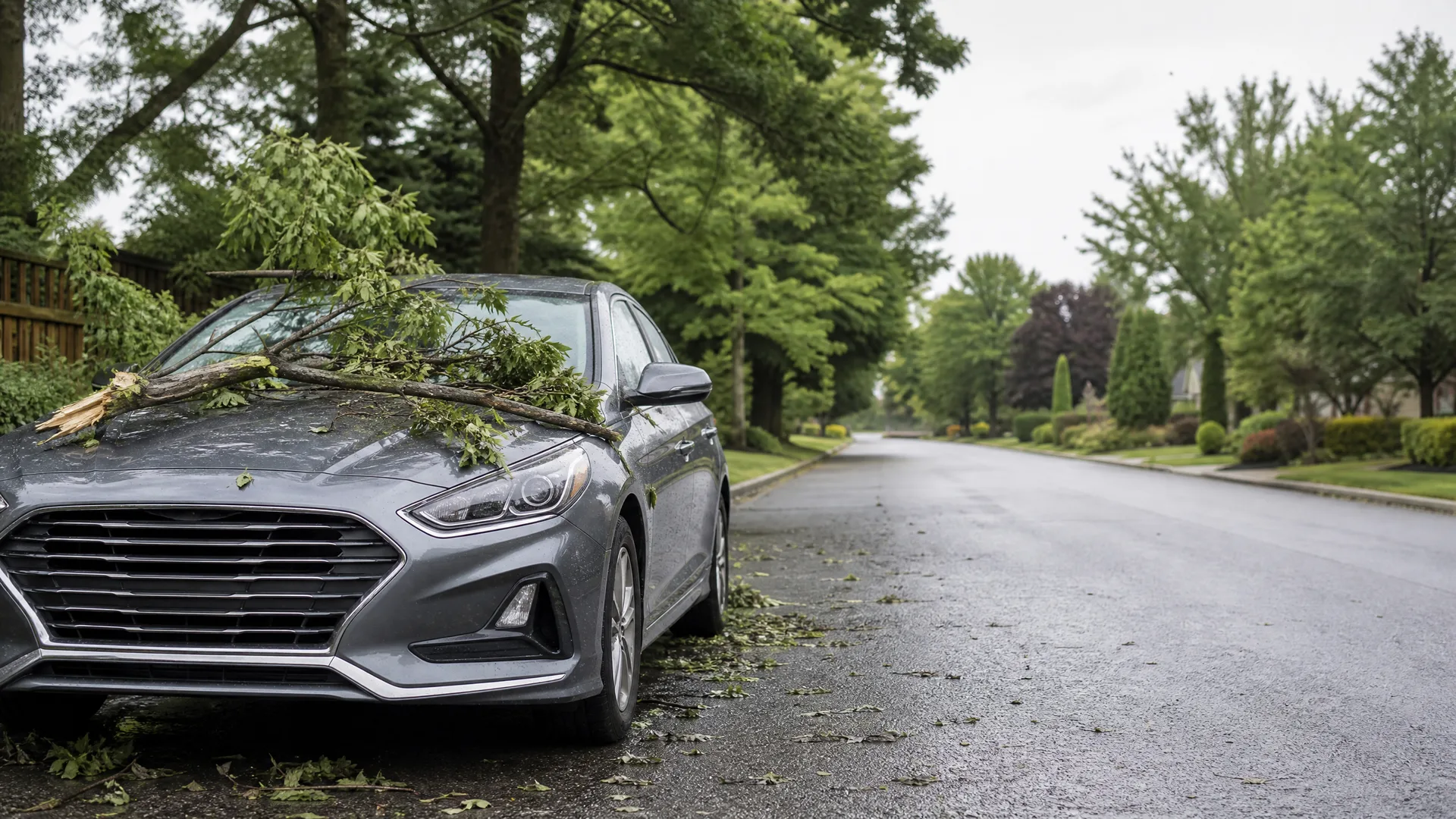 A gray sedan parked on a wet residential street with a fallen tree branch and scattered leaves across its hood and windshield.