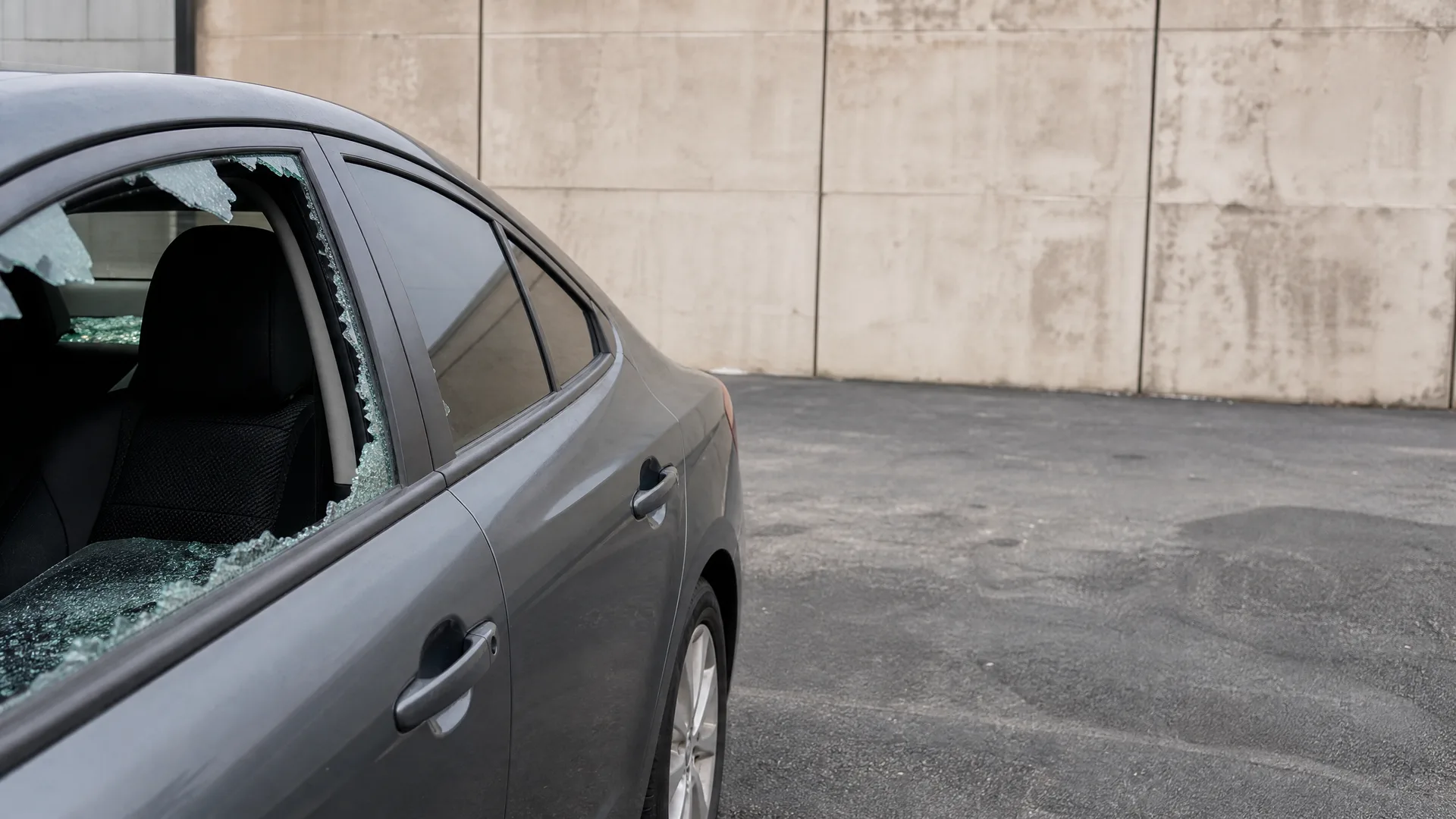 A gray sedan parked on asphalt beside a concrete panel wall, with its rear and front side windows shattered and broken glass scattered on the door sills and interior.