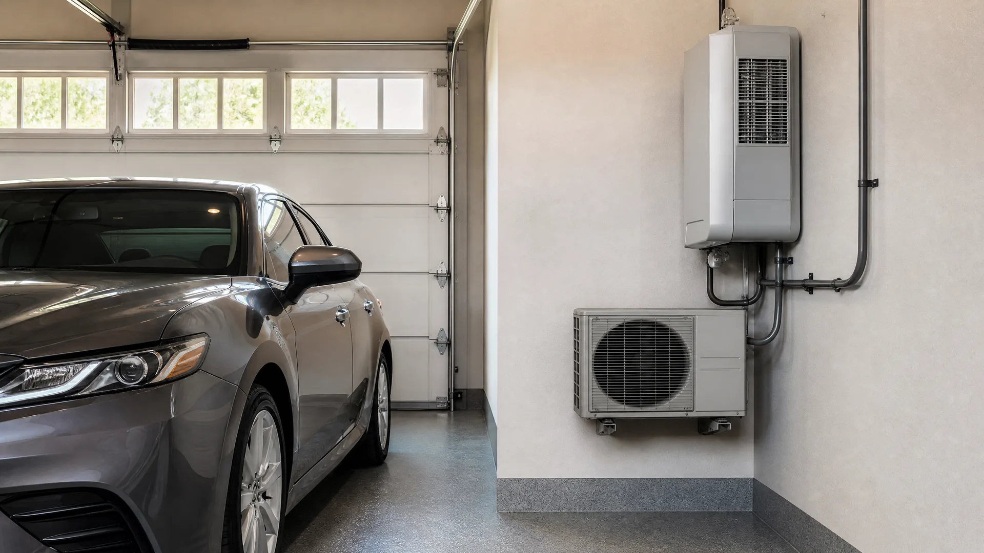A gray sedan parked in a garage with a sealed speckled floor, beside a wall-mounted white unit and a smaller condenser unit connected by conduit and piping.