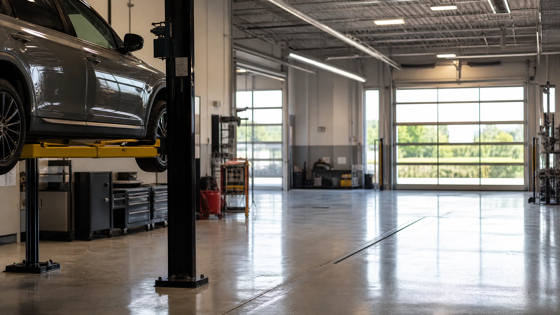 Interior of an empty auto repair shop with a gray SUV raised on a two-post lift at left, tool cabinets along the wall, a polished concrete floor, and large glass garage doors letting in daylight.