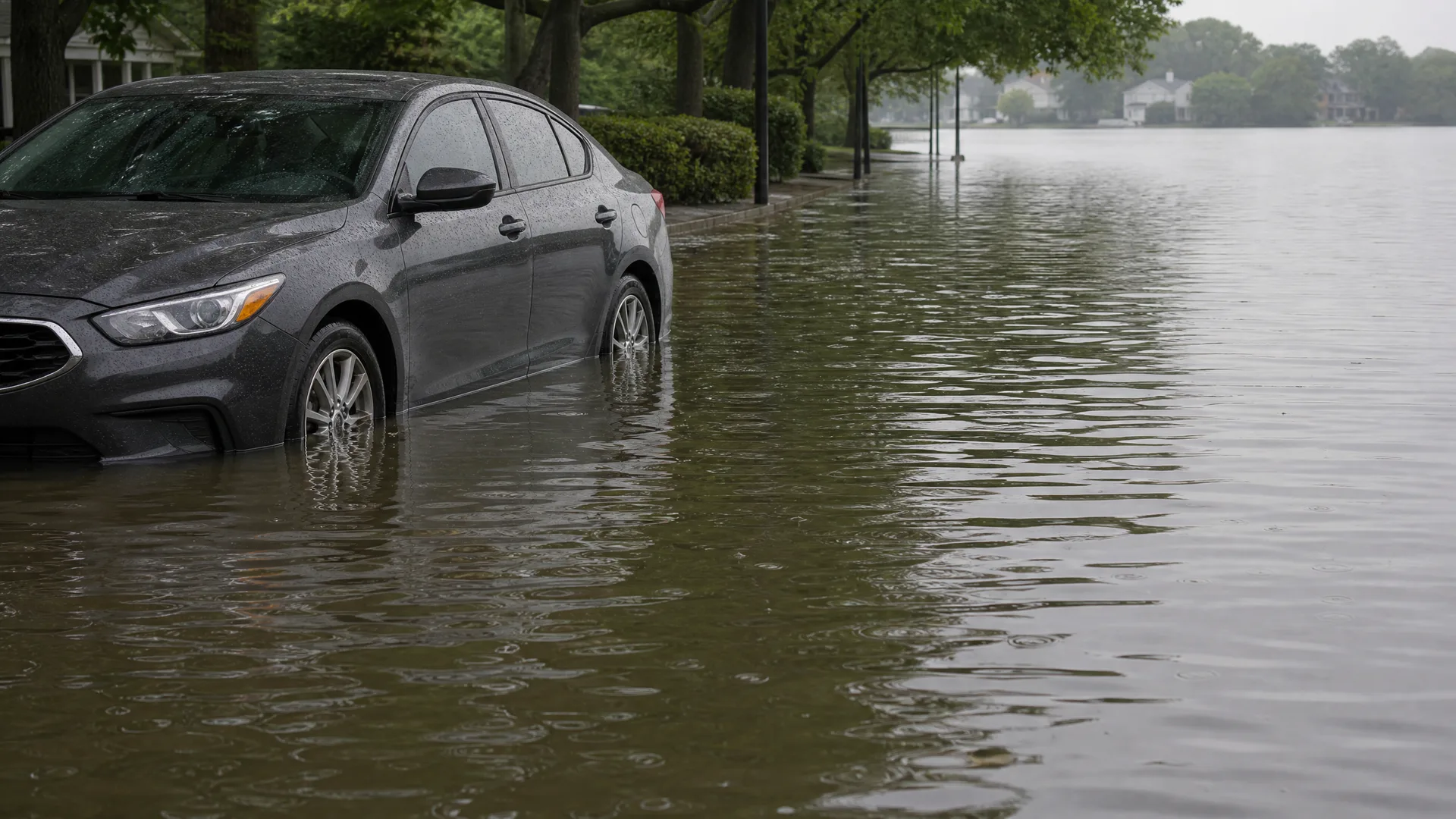 A gray sedan sits in floodwater reaching above its wheels on a submerged street, with hedges, trees, and distant houses along the waterline under an overcast sky.
