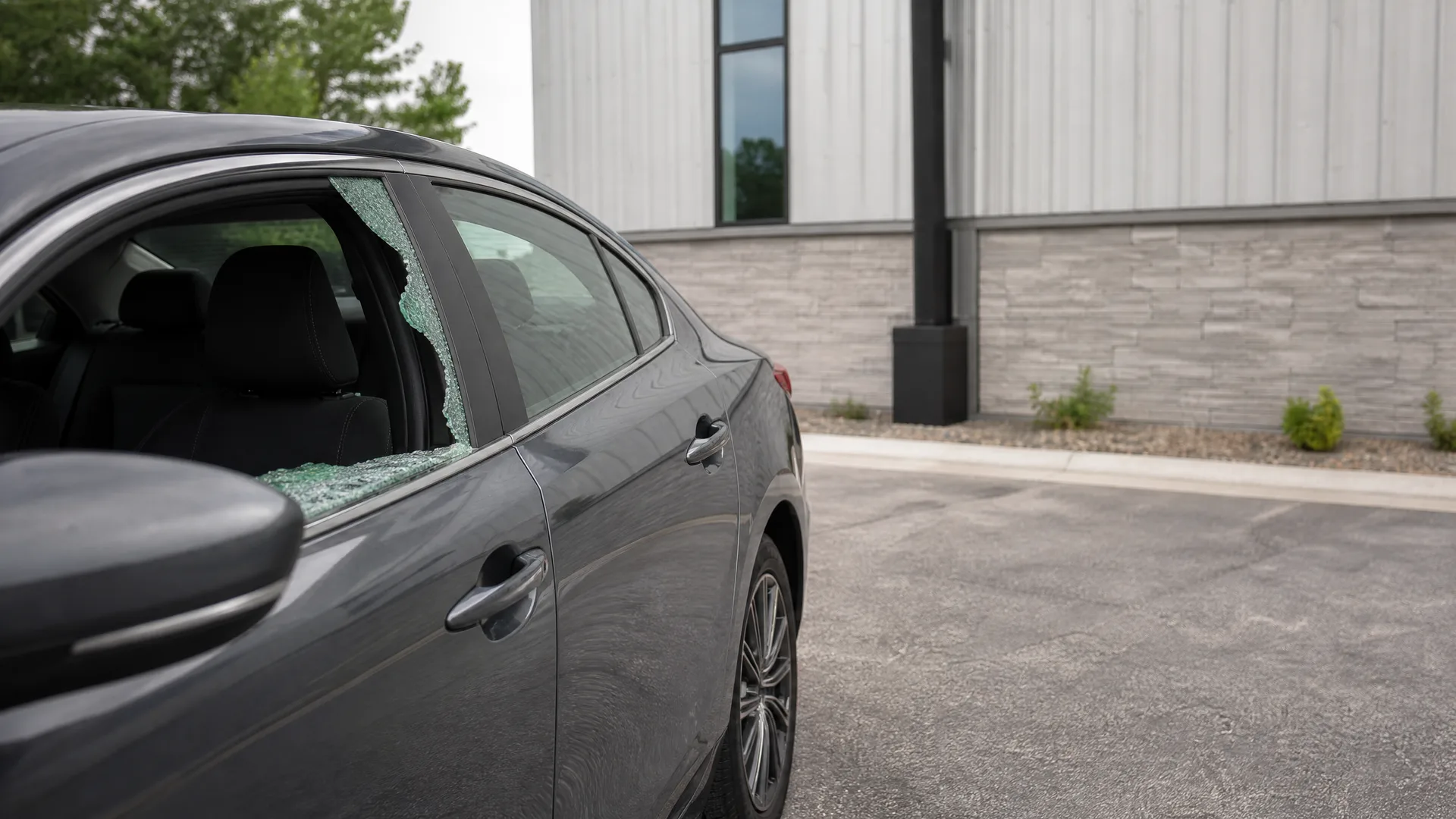 A dark gray sedan parked on asphalt with its rear passenger window shattered, leaving broken green-tinted glass along the frame, in front of a light-colored building with stacked stone and vertical panel siding.