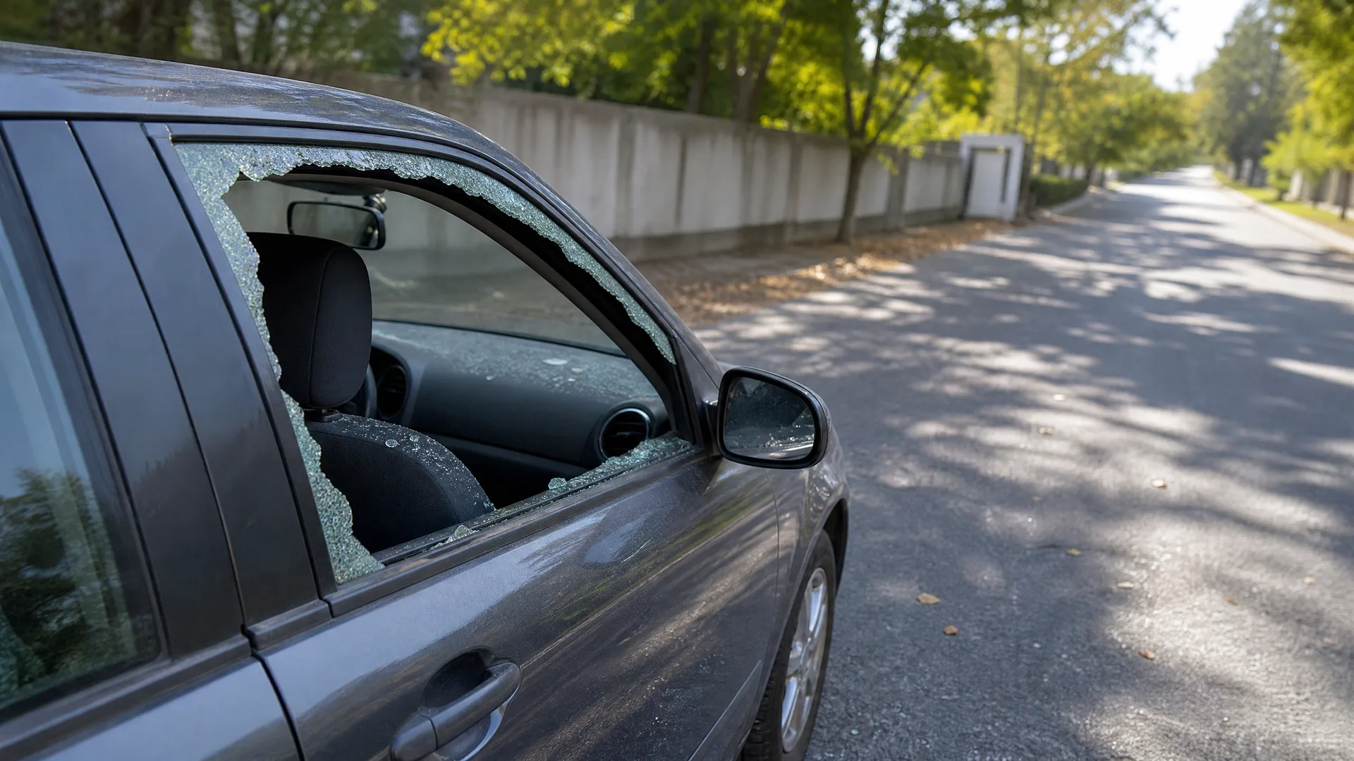 A dark grey car parked at the side of a tree-lined street with its front passenger window smashed, leaving jagged glass edges and fragments on the door frame.