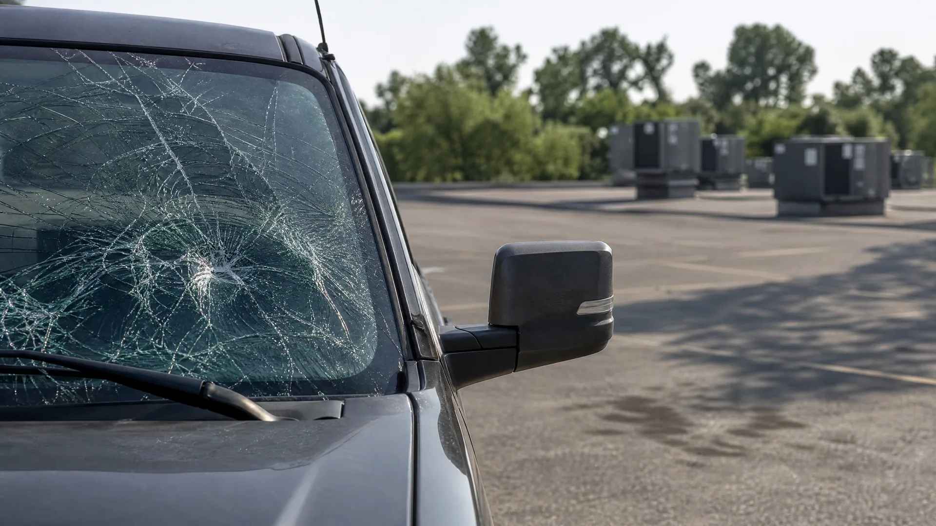 Front corner of a gray pickup truck with a heavily cracked and shattered windshield, parked on an empty asphalt lot with rooftop-style metal units and green trees in the background.