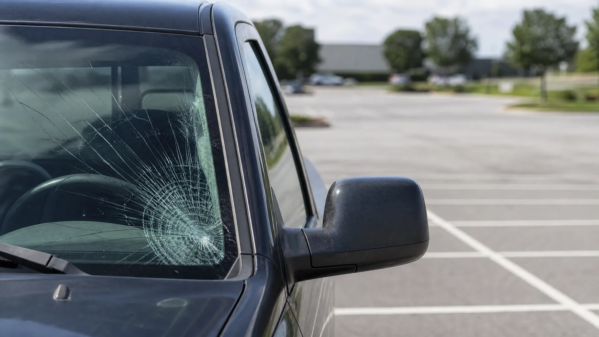 Close-up of a dark vehicle's cracked windshield with a radiating impact point, with the side mirror and an empty paved parking lot and trees in the background.
