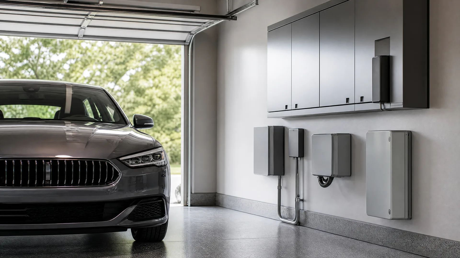 A gray car parked in a garage with an open door, facing a wall with overhead cabinets and several wall-mounted electrical units including a charger with a coiled cable.