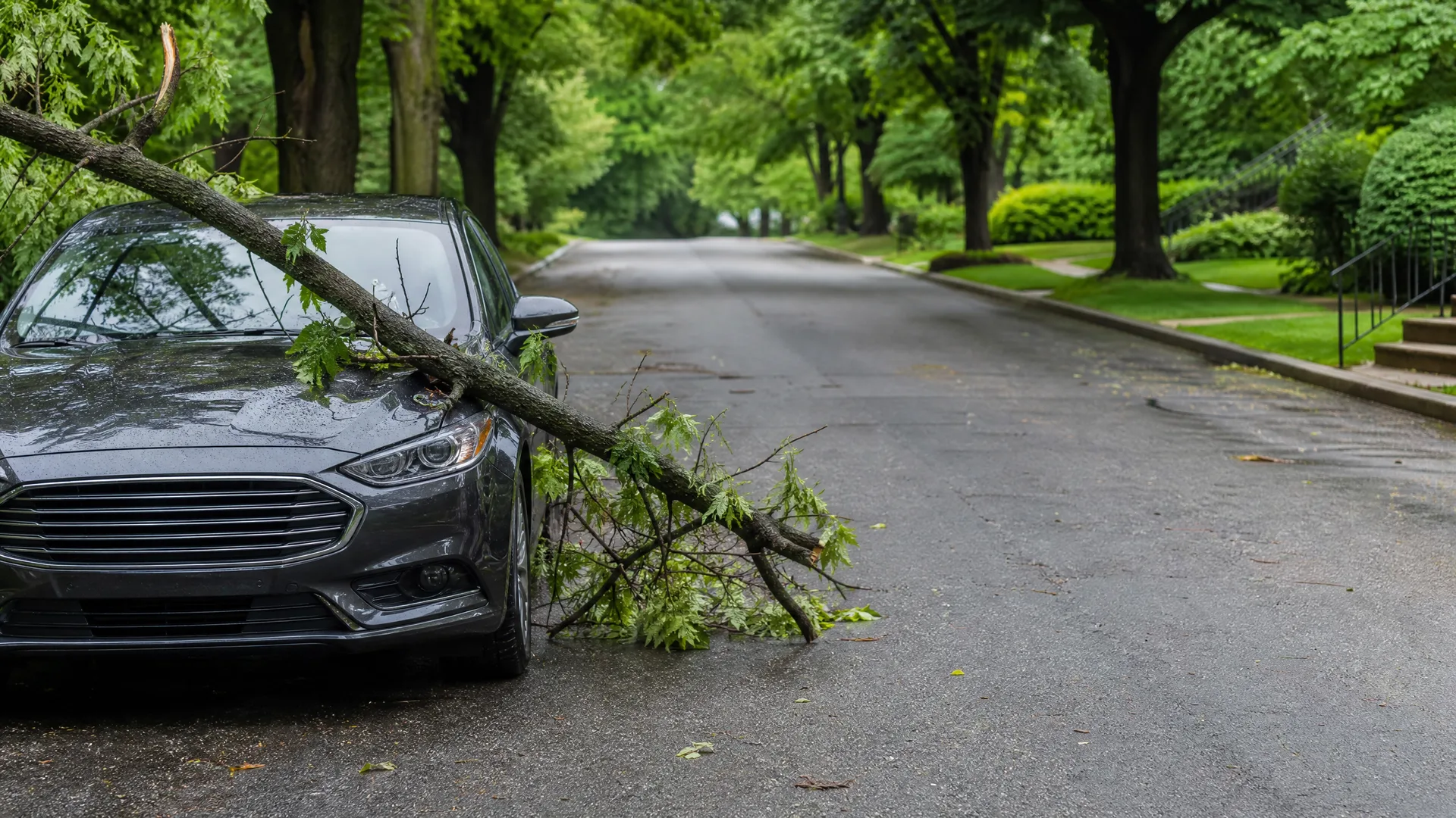 A large fallen tree limb with green leaves rests across the hood and front end of a dark gray sedan parked on a wet tree-lined residential street.